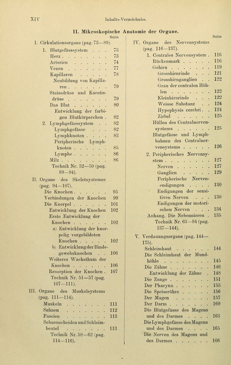 II. Mikroskopische Seite I. Cirkulationsorgane (pag. 73—89). 1. Blutgefässsystem ... 73 Herz 73 Arterien 74 Venen 77 Kapillaren 78 Neubildung von Kapilla- ren 79 Steissdrüse und Karotis- drüse 79 Das Blut 80 Entwicklung der farbi- gen Blutkörperchen . 82 2. Lymphgefässsystem . . 82 Lymphgefässe ... 82 Lymphknoten .... 88 Peripherische Lymph- knoten ...... 85 Lymphe 86 Milz 86 Technik Nr. 32—50 (pag. 89—94). II. Organe des Skeletsystemes (pag. 94—107). Die Knochen 95 Verbindungen der Knochen 99 Die Knorpel 101 Entwicklung der Knochen 102 Erste Entwicklung der Knochen 102 a) Entwicklung der knor- pelig vorgebildeten Knochen ..... 102 b) Entwicklung der Binde- gewebsknochen . . 106 Weiteres Wachsthum der Knochen 106 Resorption der Knochen . 107 Technik Nr. 51—57 (pag. 107—111). III. Organe des Muskelsystems (pag. 111—114). Muskeln 111 Sehnen 112 Fascien 113 Sehnenscheiden und Schleim- beutel 118 Technik Nr. 58—62 (pag. 114—116). Anatomie der Organe. Seite IV. Organe des Nervensystems (pag. 116-137). 1. Centrales Nervensystem . 116 Rückenmark 116 Gehirn . 119 Grosshirnrinde . . . 121 Grosshirnganglien . . 122 Grau der centralen Höh- len 122 Kleinhirnrinde . . . 122 Weisse Substanz . . 124 Hypophysis cerebri. . 124 Zirbel 125 Hüllen des Centralnerven- systems 125 Blutgefässe und Lymph- bahnen des Centralner- vensystems 126 2. Peripherisches Nervensy- stem 127 Nerven 127 Ganglien 129 Peripherische Nerven- endigungen .... 130 Endigungen der sensi- tiven Nerven . . . 130 Endigungen der motori- schen Nerven . . . 134 Anhang. Die Nebennieren . 135 Technik Nr. 63-84 (pag. 137—144). V. Verdauungsorgane (pag. 144— 175). Schleimhaut 144 Die Schleimhaut der Mund- höhle 145 Die Zähne 146 Entwicklung der Zähne . 148 Die Zunge 151 Der Pharynx 155 Die Speiseröhre 156 Der Magen 157 Der Darm 160 Die Blutgefässe des Magens und des Darmes .... 163 Die Lymphgefässe des Magens und des Darmes .... 165 Die Nerven des Magens und des Darmes 166