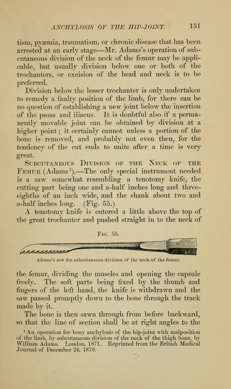 tism, pyaemia, traumatism, or chronic disease that has been arrested at an early stage—Mr. Adams's operation of sub- cutaneous division of the neck of the femur may be appli- cable, but usually division below one or both of the trochanters, or excision of the head and neck is to be preferred. Division below the lesser trochanter is only undertaken to remedy a faulty position of the limb, for there can be no question of establishing a new joint below the insertion of the psoas and iliacus. It is doubtful also if a perma- nently movable joint can be obtained by division at a higher point; it certainly cannot unless a portion of the bone is removed, and probably not even then, for the tendency of the cut ends to unite after a time is very great. Subcutaneous Division of the Neck of the Femue (Adams1).—The only special instrument needed is a saw somewhat resembling a tenotomy knife, the cutting part being one and a-half inches long and three- eighths of an inch wide, and the shank about two and a-half inches long. (Fig. 55.) A tenotomy knife is entered a little above the top of the great trochanter and pushed straight in to the neck of Fig. 55. Adams's saw for subcutaneous division of the neck of the femur. the femur, dividing the muscles and opening the capsule freely. The soft parts being tixed by the thumb and lingers of the left hand, the knife is withdrawn and the saw passed promptly down to the bone through the track made by it. The bone is then sawn through from before backward, so that the line of section shall be at right angles to the 1 An operation for bony anchylosis of the hip-joint with malposition of the limb, by subcutaneous division of the neck of the thigh bone, by William Adams. London, 1871. Reprinted from the British Medical Journal of December 2-4, 1870.