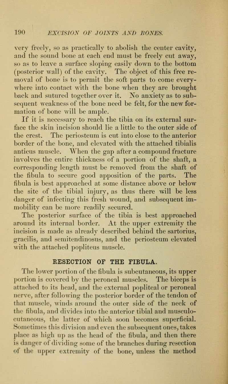 very freely, so as practically to abolish the center cavity, and the sound bone at each end must be freely cut away, sti as to leave a surface sloping' easily down to the bottom (posterior wall) of the cavity. The object of this free re- moval of bone is to permit the soft parts to come every- where into contact with the bone when they are brought back and sutured together over it. No anxiety as to sub- sequent weakness of the bone need be felt, for the new for- mation of bone will be ample. If it is necessary to reach the tibia on its external sur- face the skin incision should lie a little to the outer side of the crest. The periosteum is cut into close to the anterior border of the bone, and elevated with the attached tibialis anticus muscle. When the gap after a compound fracture involves the entire thickness of a portion of the shaft, a corresponding length must be removed from the shaft of the fibula to seeure good apposition of the parts. The fibula is best approached at some distance above or below the site of the tibial injury, as thus there will be less danger of infecting this fresh wound, and subsequent im- mobility can be more readily secured. The posterior surface of the tibia is best approached around its internal border. At the upper extremity the incision is made as already described behind the sartorius, gracilis, and semitendinosus, and the periosteum elevated with the attached popliteus muscle. RESECTION OF THE FIBULA. The lower portion of the fibula is subcutaneous, its upper portion is covered by the peroneal muscles. The biceps is attached to its head, and the external popliteal or peroneal nerve, after following the posterior border of the tendon of that muscle, wind- around the outer side of the neck of the fibula, and divides into the anterior tibial and musculo- cutaneous, the latter of which soon becomes superficial. Sometimes tin- division and even the subsequenl ones,takes place a- high up a- the head of the fibula, and then there i- danger of dividing some of the branches during resection of the upper extremity of the bone, unless the method