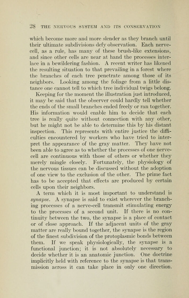 which become more aiul more slender as they branch until their ultimate subdivisions defy observation. Each nerve- cell, as a rule, has manj'^ of these brush-like extensions, and since other cells are near at hand the processes inter- lace in a bewildorino; fashion. A recent writer has likened the resulting situation to that prevailing in a forest where the branches of each tree penetrate among those of its neighbors. Looking among the foliage from a little dis- tance one cannot tell to which tree individual twigs belong. Keeping for the moment the illustration just introduced, it may be said that the observer could hardly tell whether the ends of the small branches ended freely or ran together. His information would enable him to decide that each tree is really quite without connection with any other, but he might not be able to determine this by his distant inspection. This represents with entire justice the diffi- culties encountered by workers who have tried to inter- pret the appearance of the gray matter. They have not been able to agree as to whether the processes of one nerve- cell are continuous with those of others or whether they merely mingle closely. Fortunately, the physiologj^ of the nervous tissues can be discussed without the adoption of one view to the exclusion of the other. The prime fact has to be accepted that effects are produced by certain cells upon their neighbors. A term which it is most important to understand is synapse. A synapse is said to exist wherever the branch- ing processes of a nerve-cell transmit stimulating energy to the processes of a second unit. If there is no con- tinuity between the two, the synapse is a place of contact or of close approach. If the adjacent units of the gray matter are really bound together, the sjaiapse is the region of the finest subdivision of the protoplasmic bonds between them. If we speak physiologically, the synapse is a functional junction; it is not absolutely necessary to decide whether it is an anatomic junction. One doctrine implicitly held with reference to the synapse is that trans- mission across it can take place in only one direction.