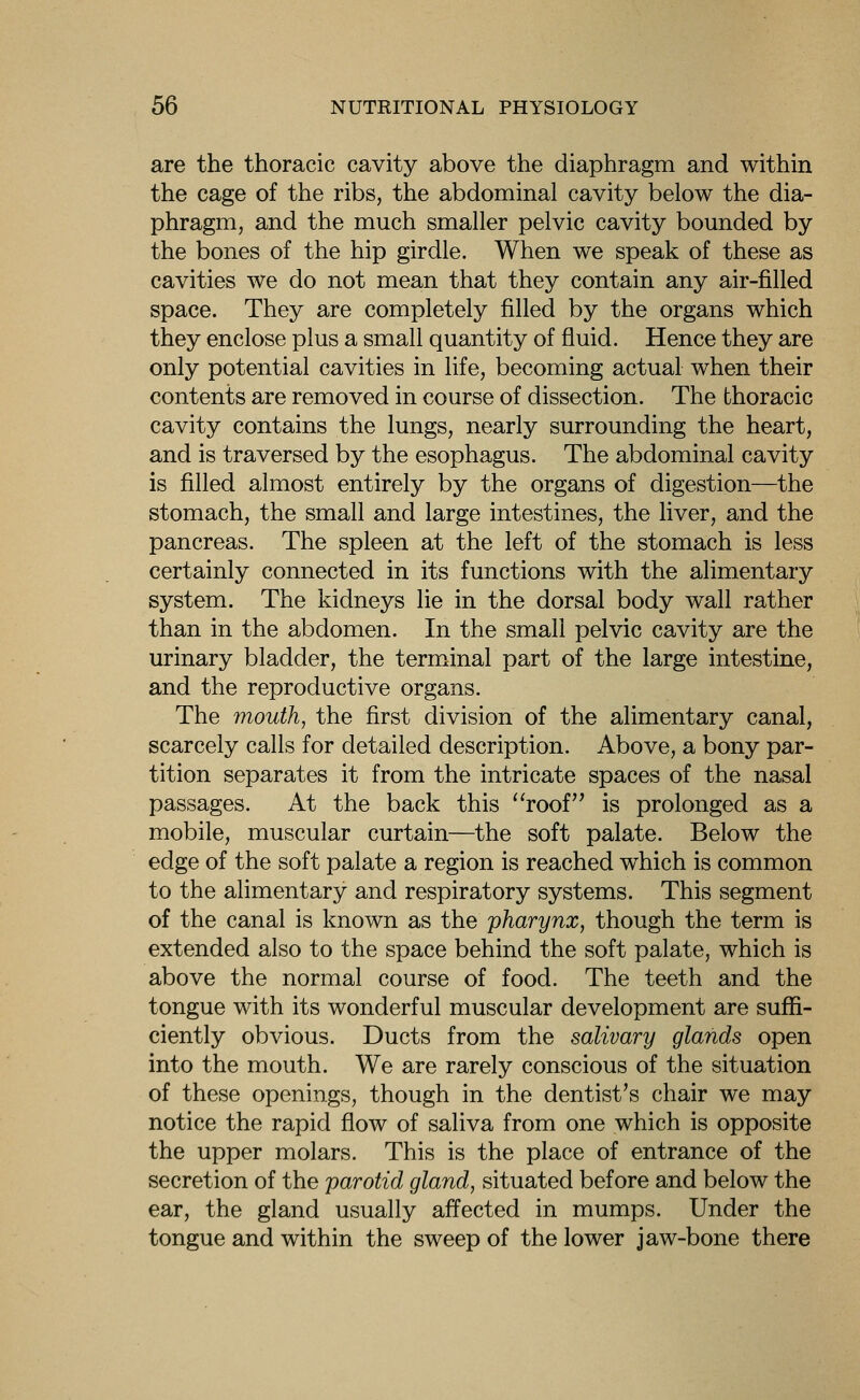 are the thoracic cavity above the diaphragm and within the cage of the ribs, the abdominal cavity below the dia- phragm, and the much smaller pelvic cavity bounded by the bones of the hip girdle. When we speak of these as cavities we do not mean that they contain any air-filled space. They are completely filled by the organs which they enclose plus a small quantity of fluid. Hence they are only potential cavities in life, becoming actual when their contents are removed in course of dissection. The thoracic cavity contains the lungs, nearly surrounding the heart, and is traversed by the esophagus. The abdominal cavity is filled almost entirely by the organs of digestion—the stomach, the small and large intestines, the liver, and the pancreas. The spleen at the left of the stomach is less certainly connected in its functions with the alimentary system. The kidneys lie in the dorsal body wall rather than in the abdomen. In the small pelvic cavity are the urinary bladder, the terminal part of the large intestine, and the reproductive organs. The mouth, the first division of the alimentary canal, scarcely calls for detailed description. Above, a bony par- tition separates it from the intricate spaces of the nasal passages. At the back this ''roof is prolonged as a mobile, muscular curtain—the soft palate. Below the edge of the soft palate a region is reached which is common to the alimentary and respiratory systems. This segment of the canal is known as the pharynx, though the term is extended also to the space behind the soft palate, which is above the normal course of food. The teeth and the tongue with its wonderful muscular development are suffi- ciently obvious. Ducts from the salivary glands open into the mouth. We are rarely conscious of the situation of these openings, though in the dentist's chair we may notice the rapid flow of saliva from one which is opposite the upper molars. This is the place of entrance of the secretion of the parotid gland, situated before and below the ear, the gland usually affected in mumps. Under the tongue and within the sweep of the lower jaw-bone there