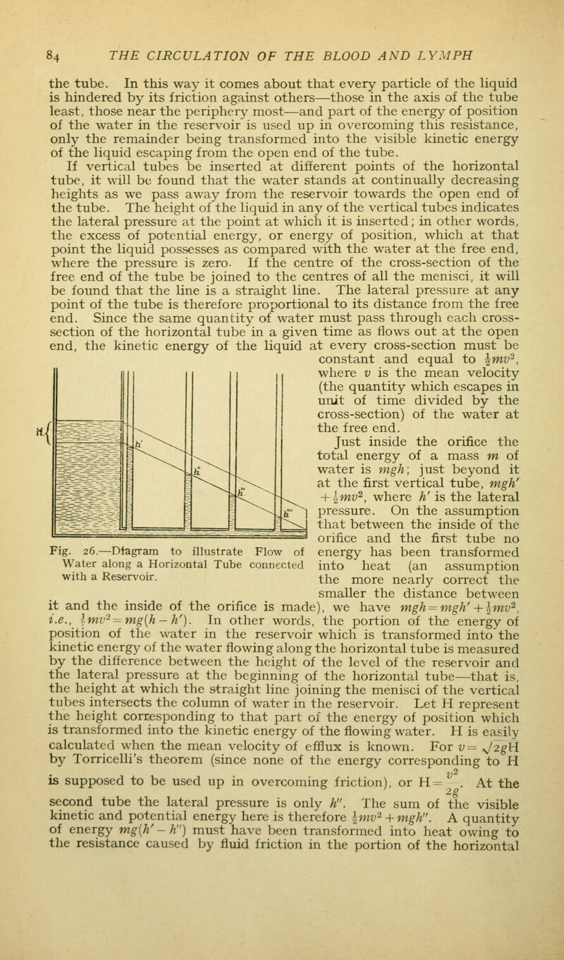 the tube. In this way it comes about that every particle of the liquid is hindered by its friction against others—those in the axis of the tube least, those near the periphery most—and part of the energy of position of the water in the reservoir is used up in overcoming this resistance, only the remainder being transformed into the visible kinetic energy of the liquid escaping from the open end of the tube. If vertical tubes be inserted at different points of the horizontal tube, it will be found that the water stands at continually decreasing heights as we pass away from the reservoir towards the open end of the tube. The height of the liquid in any of the vertical tubes indicates the lateral pressure at the point at which it is inserted; in other words, the excess of potential energy, or energy of position, which at that point the liquid possesses as compared with the water at the free end, where the pressure is zero. If the centre of the cross-section of the free end of the tube be joined to the centres of all the menisci, it will be found that the line is a straight line. The lateral pressure at any point of the tube is therefore proportional to its distance from the free end. Since the same quantity of water must pass through each cross- section of the horizontal tube in a given time as flows out at the open end, the kinetic energy of the liquid at every cross-section must be constant and equal to hmv^, where v is the mean velocity (the quantity which escapes in unit of time divided by the cross-section) of the water at the free end. Just inside the orifice the total energy of a mass m of water is tngh; just beyond it at the first vertical tube, mgh' + lmv^, where h' is the lateral pressure. On the assumption that between the inside of the orifice and the first tube no energy has been transformed into heat (an assumption the more nearly correct the smaller the distance between it and the inside of the orifice is made), we have mgh = mgh' + lmv^, i.e., lmv-^mg{h-h'). In other words, the portion of the energy of position of the water in the reservoir which is transformed into the kinetic energ}^ of the water flowing along the horizontal tube is measured by the difference between the height of the level of the reservoir and the lateral pressure at the beginning of the horizontal tube—that is, the height at which the straight line joining the menisci of the vertical tubes intersects the column of water in the reservoir. Let H represent the height corresponding to that part of the energy of position which is transformed into the kinetic energy of the flowing water. H is easily calculated when the mean velocity of efflux is known. For v^ x/2gH by Torricelli's theorem (since none of t]ie energy corresponding to H Fig. 26.—Diagram to illustrate Flow of Water along a Horizontal Tube connected with a Reservoir. is supposed to be used up in overcoming friction), or H ^g At the second tube the lateral pressure is only h. The sum of the visible kinetic and potential energy here is therefore \mv'' + mgh. A quantity of energy mg{h' ~ h) must have been transformed into heat owing to the resistance caused by fluid friction in the portion of the horizontal