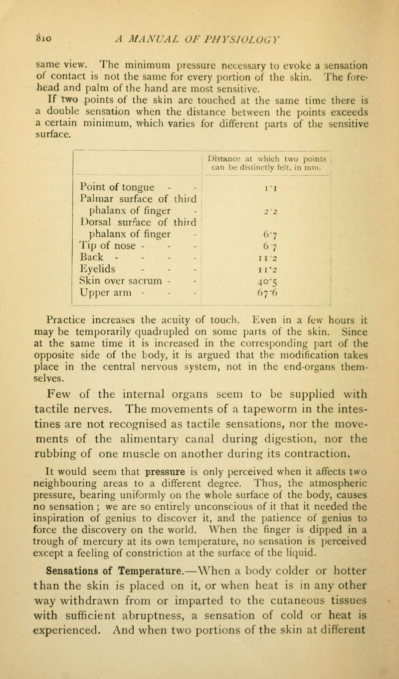 same view. The minimum pressure necessary to evoke a sensation of contact is not the same for every portion of the skin. The fore- head and palm of the hand are most sensitive. If two points of the skin are touched at the same time there is a double sensation when the distance between the points exceeds a certain minim.um, which varies for different parts of the sensitive surface. Distance at can be (list which two points inctly felt, in iiini. Point of tongue Palmar surface of third II phalanx of finger Dorsal sur.^ace of third 22 phalanx of finger Tip of nose - Back - - - - 6-7 67 II-2 Eyelids I 1'2 Skin over sacrum - 405 Upper arm - 67-6 Practice increases the acuity of touch. Even in a few hours it may be temporarily quadrupled on some parts of the skin. Since at the same time it is increased in the corresponding part of the opposite side of the body, it is argued that the modification takes place in the central nervous system, not in the end-organs them- selves. Few of the internal organs seem to be supplied with tactile nerves. The movements of a tapeworm in the intes- tines are not recognised as tactile sensations, nor the move- ments of the alimentary canal during digestion, nor the rubbing of one muscle on another during its contraction. It would seem that pressure is only perceived when it affects two neighbouring areas to a different degree. Thus, the atmospheric pressure, bearing uniformly on the whole surface of the body, causes no sensation ; we are so entirely unconscious of it that it needed the inspiration of genius to discover it, and the patience of genius to force the discovery on the world. When the finger is dipped in a trough of mercury at its own temperature, no sensation is perceived except a feeling of constriction at the surface of the liquid. Sensations of Temperature.—W^hen a body colder or hotter than the skin is placed on it, or when heat is in any other way withdrawn from or imparted to the cutaneous tissues with sufficient abruptness, a sensation of cold or heat is experienced. And when two portions of the skin at different