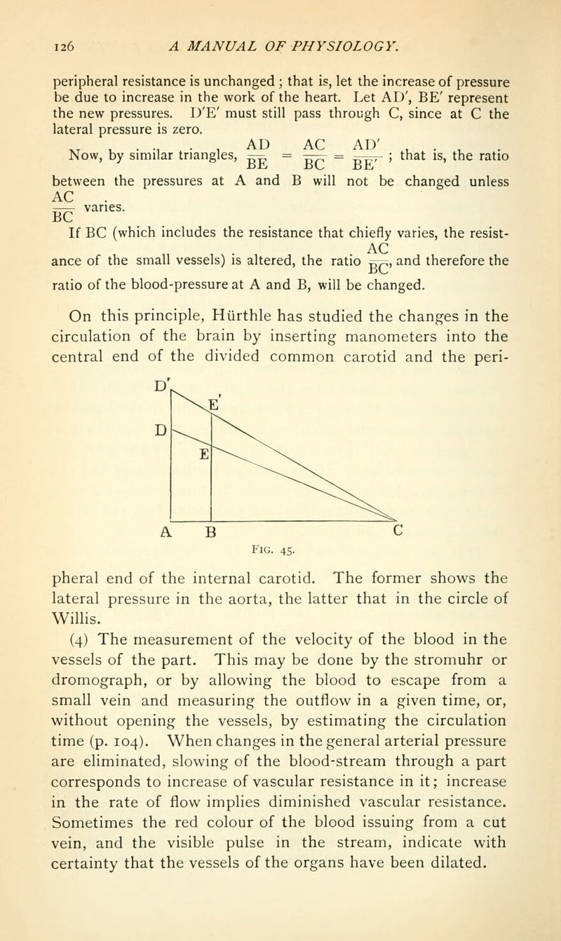 peripheral resistance is unchanged ; that is, let the increase of pressure be due to increase in the work of the heart. Let AD', BE' represent the new pressures. D'E' must still pass through C, since at C the lateral pressure is zero. XT u • •, . , AD AC AD' ^ . , Now, by similar triangles, :^=, = ^^— = ~~—- ; that is, the ratio between the pressures at A and B will not be changed unless AC — vanes. If BC (which includes the resistance that chiefly varies, the resist- AC ance of the small vessels) is altered, the ratio -57^, and therefore the ratio of the blood-pressure at A and B, will be changed. On this principle, Hurthle has studied the changes in the circulation of the brain by inserting manometers into the central end of the divided common carotid and the peri- FiG. 45. pheral end of the internal carotid. The former shows the lateral pressure in the aorta, the latter that in the circle of Willis. (4) The measurement of the velocity of the blood in the vessels of the part. This may be done by the stromuhr or dromograph, or by allowing the blood to escape from a small vein and measuring the outflow in a given time, or, without opening the vessels, b}^ estimating the circulation time (p. 104). When changes in the general arterial pressure are eliminated, slowing of the blood-stream through a part corresponds to increase of vascular resistance in it; increase in the rate of flow implies diminished vascular resistance. Sometimes the red colour of the blood issuing from a cut vein, and the visible pulse in the stream, indicate with certainty that the vessels of the organs have been dilated.