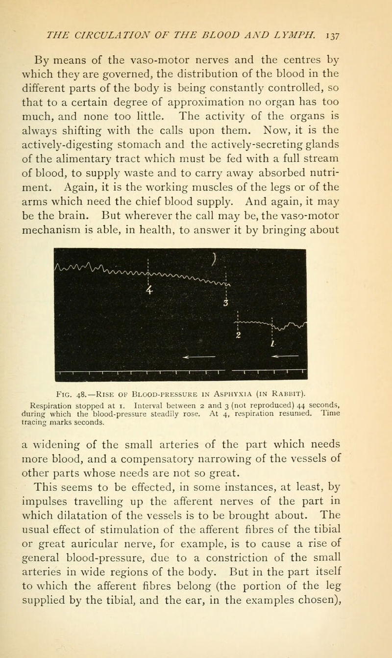 By means of the vaso-motor nerves and the centres by which they are governed, the distribution of the blood in the different parts of the bod}^ is being constantly controlled, so that to a certain degree of approximation no organ has too much, and none too little. The activity of the organs is always shifting with the calls upon them. Now, it is the actively-digesting stomach and the actively-secreting glands of the alimentary tract which must be fed with a full stream of blood, to supply waste and to carry away absorbed nutri- ment. Again, it is the working muscles of the legs or of the arms which need the chief blood supply. And again, it may be the brain. But wherever the call may be, the vaso-motor mechanism is able, in health, to answer it by bringing about Fig. 48.—Rise ok Blood-pressuke in Asphyxia (in Rabbit). Respiration stopped at i. Interval between 2 and 3 (not reproduced) 44 seconds, during wiiich the blood-pressure steadily rose. At 4, respiration resumed. Time tracing marks seconds. a widening of the small arteries of the part which needs more blood, and a compensatory narrowing of the vessels of other parts whose needs are not so great. This seems to be effected, in some instances, at least, by impulses travelling up the afferent nerves of the part in which dilatation of the vessels is to be brought about. The usual effect of stimulation of the afferent fibres of the tibial or great auricular nerve, for example, is to cause a rise of general blood-pressure, due to a constriction of the small arteries in wide regions of the body. But in the part itself to which the afferent fibres belong (the portion of the leg supplied by the tibial, and the ear, in the examples chosen).