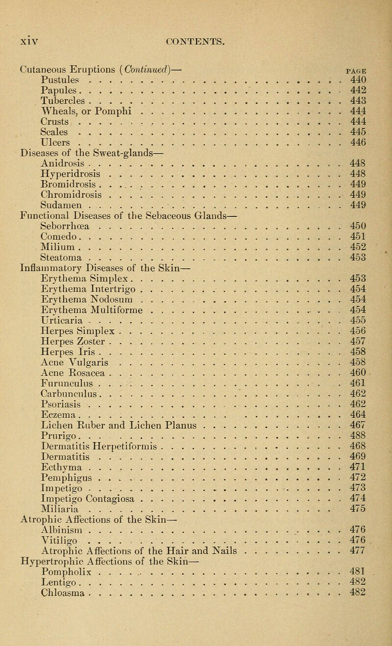 Cutaneous Eruptions {Continued)— page Pustules 440 Papules 442 Tubercles 443 Wheals, or Pomphi 444 Crusts 444 Scales 445 Ulcers 446 Diseases of the Sweat-glands— Anidrosis 448 Hyperidrosis 448 Bromidrosis 449 Chromidrosis 449 Sudamen ■ 449 Functional Diseases of the Sebaceous Glands— Seborrhcea 450 Comedo 451 Milium 452 Steatoma 453 Inflammatory Diseases of the Skin— Erythema Simplex 453 Erythema Intertrigo 454 Erythema Nodosum 454 Erythema Multiforme 454 Urticaria 455 Herpes Simplex 456 Herpes Zoster 457 Herpes Iris 458 Acne Vulgaris 458 Acne Rosacea 460 Furunculus 461 Carbunculus 462 Psoriasis 462 Eczema 464 Lichen Ruber and Lichen Planus 467 Prurigo 488 Dermatitis Herpetiformis 468 Dermatitis 469 Ecthyma 471 Pemphigus 472 Impetigo 473 Impetigo Contagiosa 474 Miliaria 475 Atrophic Affections of the Skin— Albinism 476 Vitiligo 476 Atrophic Affections of the Hair and Nails 477 Hypertrophic Affections of the Skin— Pompholix 481 Lentigo 482 Chloasma 482