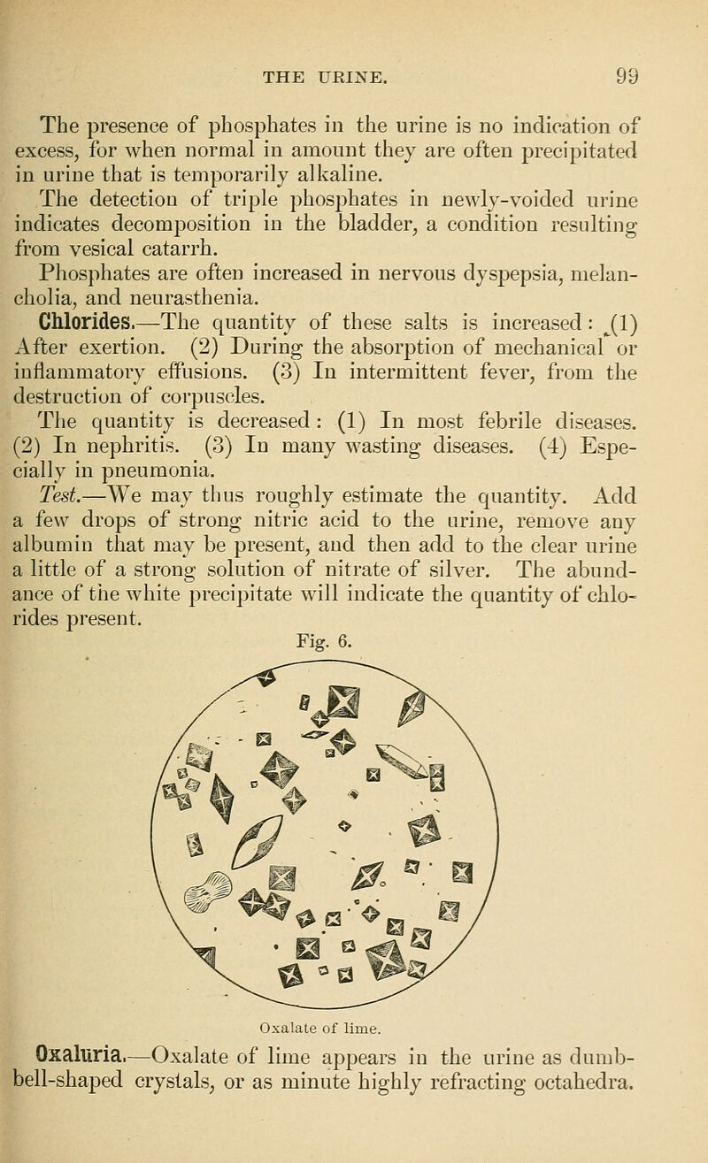 The presence of phosphates in the urine is no indication of excess, for when normal in amount they are often precipitated in urine that is temporarily alkaline. The detection of triple phosphates in newly-voided urine indicates decomposition in the bladder, a condition residting from vesical catarrh. Phosphates are often increased in nervous dyspepsia, melan- cholia, and neurasthenia. Chlorides.—The quantity of these salts is increased : ^(1) After exertion. (2) During the absorption of mechanical or inflammatory effusions. (3) In intermittent fever, from the destruction of corpuscles. The quantity is decreased : (1) In most febrile diseases. (2) In nephritis. (3) In many wasting diseases. (4) Espe- cially in pneumonia. Test.—We may thus roughly estimate the quantity. Add a few drops of strong nitric acid to the urine, remove any albumin that may be present, and then add to the clear urine a little of a strong solution of nitrate of silver. The abund- ance of the white precipitate will indicate the quantity of chlo- rides present. Fig. 6. Oxalate of lime. Oxaluria.—Oxalate of lime appears in the urine as dumb- bell-shaped crystals^ or as minute highly refracting octahedra.