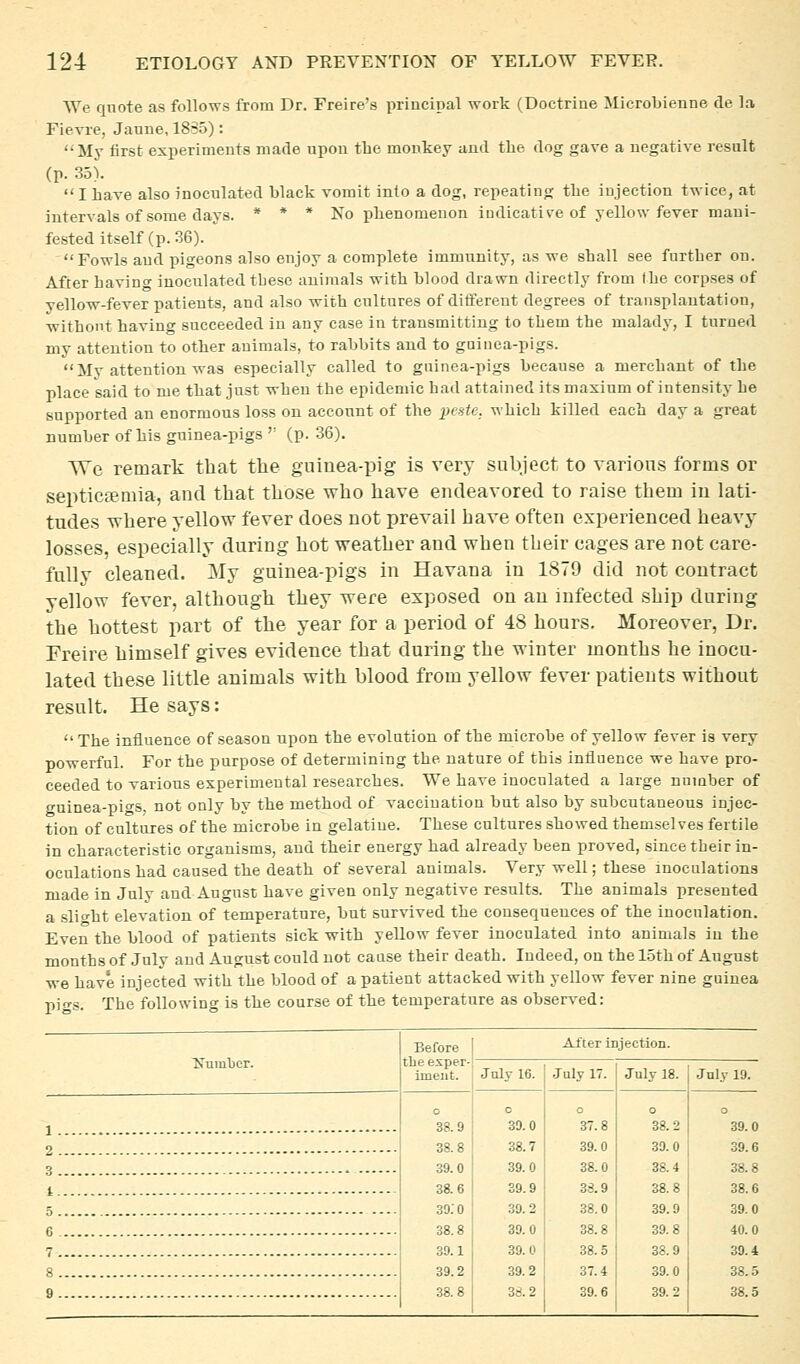 We qnote as follows from Dr. Freire's principal work (Doctrine Microbienne de la Fievre, Janne, 1855) : My first experiments made upon the monkey and the dog gave a negative result (p. 35). I have also inoculated black vomit into a dog, repeating the injection twice, at intervals of some days. * * * No phenomenon indicative of yellow fever mani- fested itself (p. 36). Fowls and pigeons also enjoy a complete immunity, as we shall see further on. After having inoculated tbese animals with blood drawn directly from the corpses of yellow-fever patients, and also with cultures of different degrees of transplantation, without having succeeded in any case in transmitting to them the malady, I turned my attention to other animals, to rabbits and to gninea-pigs. My attention was especially called to guinea-pigs because a merchant of the place said to me that just when the epidemic had attained its maxium of intensity he supported an enormous loss on account of the iK-ste. which killed each day a great number of his guinea-pigs  (p. 36). We remark that the guinea-pig is very subject to various forms or septicaemia, and that tliose wlio have endeavored to raise them in lati- tudes ^here yellow fever does not prevail have often experienced heavy losses, especially during hot weather and when their cages are not care- fully cleaned. My guinea-pigs in Havana in 1879 did not contract yellow fever, although they were exposed on an infected ship during the hottest part of the year for a period of 48 hours. Moreover, Dr. Freire himself gives evidence that during the winter months he inocu- lated these little animals with blood from yellow fever patients without result. He says:  The influence of season upon the evolution of the microbe of yellow fever is very powerful. For the purpose of determining the nature of this influence we have pro- ceeded to various experimental researches. We have inoculated a large number of guinea-pigs, not only by the method of vaccination but also by subcutaneous injec- tion of cultures of the microbe in gelatine. These cultures showed themselves fertile in characteristic organisms, and their energy had already been proved, since their in- oculations had caused the death of several animals. Very well; these inoculations made in July and August have given only negative results. The animals presented a slicht elevation of temperature, but survived the consequences of the inoculation. Even the blood of patients sick with yellow fever inoculated into animals iu the months of July and August could not cause their death. Indeed, on the 15th of August we have injected with the blood of a patient attacked with yellow fever nine guinea pigs. The following is the course of the temperature as observed: Before tlie exper- iment. After injection. 'Sum'bcT. July 16. July 17. Jnly 18. Jnly 19. J o 38.9 38.8 39.0 38.6 39.0 38.8 39.1 39.2 38.8 o 39.0 38.7 39.0 39.9 39.2 39.0 39.0 39.2 38.2 0 37.8 39.0 38.0 38.9 38.0 38.8 38.5 37.4 39.6 o 38.2 39.0 38.4 38.8 39.9 39.8 38.9 39.0 39.2 o 39.0 2 39.6 3 38.8 i 38.6 39.0 6 40.0 7 30.4 8 38.5 9 38.5