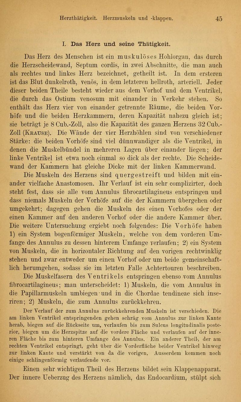 I. Das Herz und seine Thätigkeit. Das Herz des Menschen ist ein muskulöses Hohlorgan, das durch die Herzscheidewand, Septum cordis, in zwei Abschnitte, die man auch als rechtes und linkes Herz bezeichnet, getheilt ist. In dem ersteren ist das Blut dunkelroth, venös, in dem letzteren hellroth, arteriell. Jeder dieser beiden Theile besteht wieder aus dem Vorhof und dem Ventrikel, die durch das Ostium venosum mit einander in Verkehr stehen. So enthält das Herz vier von einander getrennte Räume, die beiden Vor- höfe und die beiden Herzkammern, deren Kapazität nahezu gleich ist; sie beträgt je 8 Cub.-Zoll, also die Kapazität des ganzen Herzens 32 Cub.- Zoll (Krause). Die Wände der vier Herzhöhlen sind von verschiedener Stärke: die beiden Vorhöfe sind viel dünnwandiger als die Ventrikel, in denen die Muskelbündel in mehreren Lagen über einander liegen; der linke Ventrikel ist etwa noch.einmal so dick als der rechte. Die Scheide- wand der Kammern hat gleiche Dicke mit der linken Kammerwand. Die Muskeln des Herzens sind quergestreift und bilden mit ein- ander vielfache Anastomosen. Ihr Verlauf ist ein sehr complizirter, doch steht fest, dass sie alle vom Annulus fibrocartilagineus entspringen und dass niemals Muskeln der Vorhöfe auf die der Kammern übergehen oder umgekehrt; dagegen gehen die Muskeln des einen Vorhofes oder der einen Kammer auf den anderen Vorhof oder die andere Kammer über. Die weitere Untersuchung ergiebt noch folgendes: Die Vorhöfe haben 1) ein System bogenförmiger Muskeln, welche von dem vorderen Um- fange des Annulus zu dessen hinterem Umfange verlaufen; 2) ein System von Muskeln, die in horizontaler Richtung auf den vorigen rechtwinklig stehen und zwar entweder um einen Vorhof oder um beide gemeinschaft- lich herumgehen, sodass sie im letzten Falle Achtertouren beschreiben. Die Muskelfasern des Ventrikels entspringen ebenso vom Annulus fibrocartilagineus; man unterscheidet: 1) Muskeln, die vom Annulus in die Papillarmuskeln umbiegen und in die Chordae tendineae sich inse- riren; 2) Muskeln, die zum Annulus zurückkehren. Der Verlauf der zum Annulus zurückkehrenden Muskeln ist verschieden. Die am linken Ventrikel entspringenden gehen schräg vom Annulus zur linken Kante herah, biegen auf die Eückseite um, verlaufen bis zum Sulcus longitudinalis poste- rior, biegen um die Herzspitze auf die vordere Fläche und verlaufen auf der inne- ren Fläche bis zum hinteren Umfange des Annulus. Ein anderer Theil, der am rechten Ventrikel entspringt, geht über die Vorderfläche beider Ventrikel hinweg zur linken Kante und verstärkt von da die vorigen, Ausserdem kommen noch einige schlingenförmig verlaufende vor. Einen sehr wichtigen Theil des Herzens bildet sein Klappenapparat. Der innere Ueberzug des Herzens nämlich, das Endocardium, stülpt sich