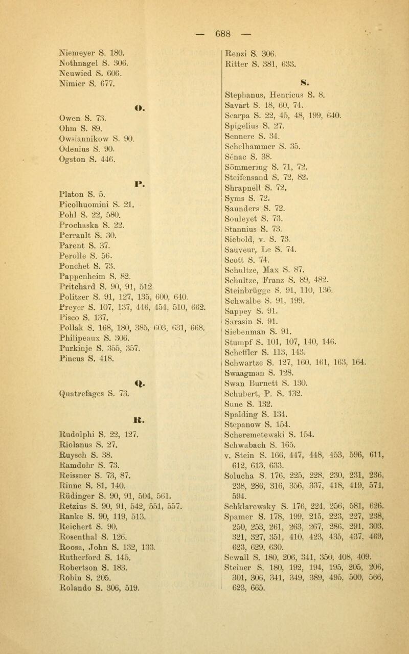 Niemeyer S. 180. Nothnagel S. 306. Neuwied S. 606. Nimier S. 677. O. Owen S. 73. Ohm S. 89. Owsiannikow S. 90. Odenius S. 90. Ogston S. 446, P. Piaton S. 5. Picolhuomini S. 21. Pohl S. 22, 580. Prochaska S. 22. Perrault S. 30. Pareut S. 37. Perolle 8. 56. Ponchet S. 73. Pappenheim S. 82. Pritchard S. 90, 91, 512. Politzer S. 91, 127, 1.35, 600, 640. Preyer S. 107, 137, 446, 454, 510, 662. Pi8co S. 137. PoUak S. 168, 180, 385, (ЮЗ, 631, 668. Philipenux S. 306. Purkinje S. 355, 357. Pincus S. 418. Quatrelages S. 73. Q. R. Rudolphi S. 22, 127. Riolanus S. 27. ßuysch S. 38. ßamdolir S. 73. Reissner S. 73, 87. Rinne S. 81, 140. Rüdinger S. 90, 91, 504, 561. Retzius S. 90, 91, 542, 551, 557. Ranke S. 90, 119, 513. Reichert S. 90. Rosenthal S. 126. ßoosa, John S. 132, 133. Rutherford S. 145. Robertson S. 183. Roliin S. 205. Rolando S. 306, 519. Renzi S. 306. Ritter S. 381, 6.33. S. Stephanus, Henricus S. 8. Savart S. 18, 60, 74. Scai-pa S. 22, 45, 48, 199, 640. Spigelius S. 27. Sennere S. 34. Schelhammer S. 35. Senac S. 38. Sömmering S. 71, 72. Steifensand S. 72, 82. Shrapnell S. 72. Syms S. 72. Saunders S. 72. Souleyet S. 73. Stannius S. 73. Siebold, V. S. 73. Sauveur, Le S. 74. Scott S. 74. Schnitze, Max S. 87. Schultze, Franz S. 89, 482. Steinbrügge S. 91, 110, 136. Schwalbe S. 91, 199. Sappey S. 91. Sarasin S. 91. Siebenman S. 91. Stumpf S. 101, 107, 140, 146. Scheffler S. 113, 143. Schwartze S. 127, 160, 161, 163, 164. Swaagman S. 128. Swan Burnett S. 130. Schubert, P. S. 132. Sune S. 132. Spalding S. 134. Steiianow S. 154. Scheremetewski S. 154. Schwabach S. 165. V. Stein S. 166, 447, 448, 453, 596, 611, 612, 613, 633. Solucha S. 176, 225, 228, 230, 231, 236, 238, 286, 316, 356, 337, 418, 419, 574, 594. Schklarewsky S. 176, 224, 256, .581, 626. Spamer S. 178, 199, 215, 223, 227, 238, 250, 253, 261, 263, 267, 286, 291, 303, 321, 327, 351, 410, 423, 435, 437, 469, 623, 629, 630. Sewall S. 180, 206, 341, .350, 408, 409. Steiner S. 180, 192, 194, 195, 205, 206, 301, 306, 341, 349, 389, 495, 500, 566, 623, 665.