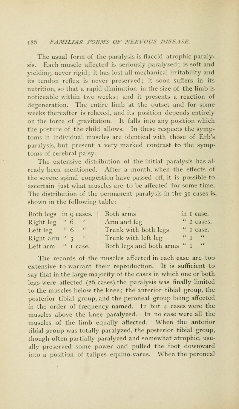 The usual form of the paralysis is flaccid atrophic paraly- sis. Each muscle affected is seriously paralyzed; is soft and yielding, never rigid; it has lost all mechanical irritability and its tendon reflex is never preserved; it soon suffers in its nutrition, so that a rapid diminution in the size of the limb is noticeable within two weeks; and it presents a reaction of defeneration. The entire limb at the outset and for some weeks thereafter is relaxed, and its position depends entirely on the force of gravitation. It falls into any position which the posture of the child allows. In these respects the symp- toms in individual muscles are identical with those of Erb's paralysis, but present a very marked contrast to the symp- toms of cerebral palsy. The extensive distribution of the initial paralysis has al- ready been mentioned. After a month, when the effects of the severe spinal congestion have passed off, it is possible to ascertain just what muscles are to be affected for some time. The distribution of the permanent paralysis in the 31 cases is shown in the following table: Both legs in 9 cases. Right leg  6  Left leg  6  Right arm  3  Left arm  1 case. Both arms in 1 case. Arm and leg  2 cases. Trunk with both legs  1 case. Trunk with left leg  I  Both letjs and both arms  I The records of the muscles affected in each case are too extensive to warrant their reproduction. It is sufficient to say that in the large majority of the cases in which one or both legs were affected (26 cases) the paralysis was finally limited to the muscles below the knee; the anterior tibial group, the posterior tibial group, and the peroneal group being affected in the order of frequency named. In but 4 cases were the muscles above the knee paralyzed. In no case were all the muscles of the limb equally affected. When the anterior tibial group was totally paralyzed, the posterior tibial group, though often partially paralyzed and somewhat atrophic, usu- ally preserved some power and pulled the foot downward into a position of talipes equino-varus. When the peroneal