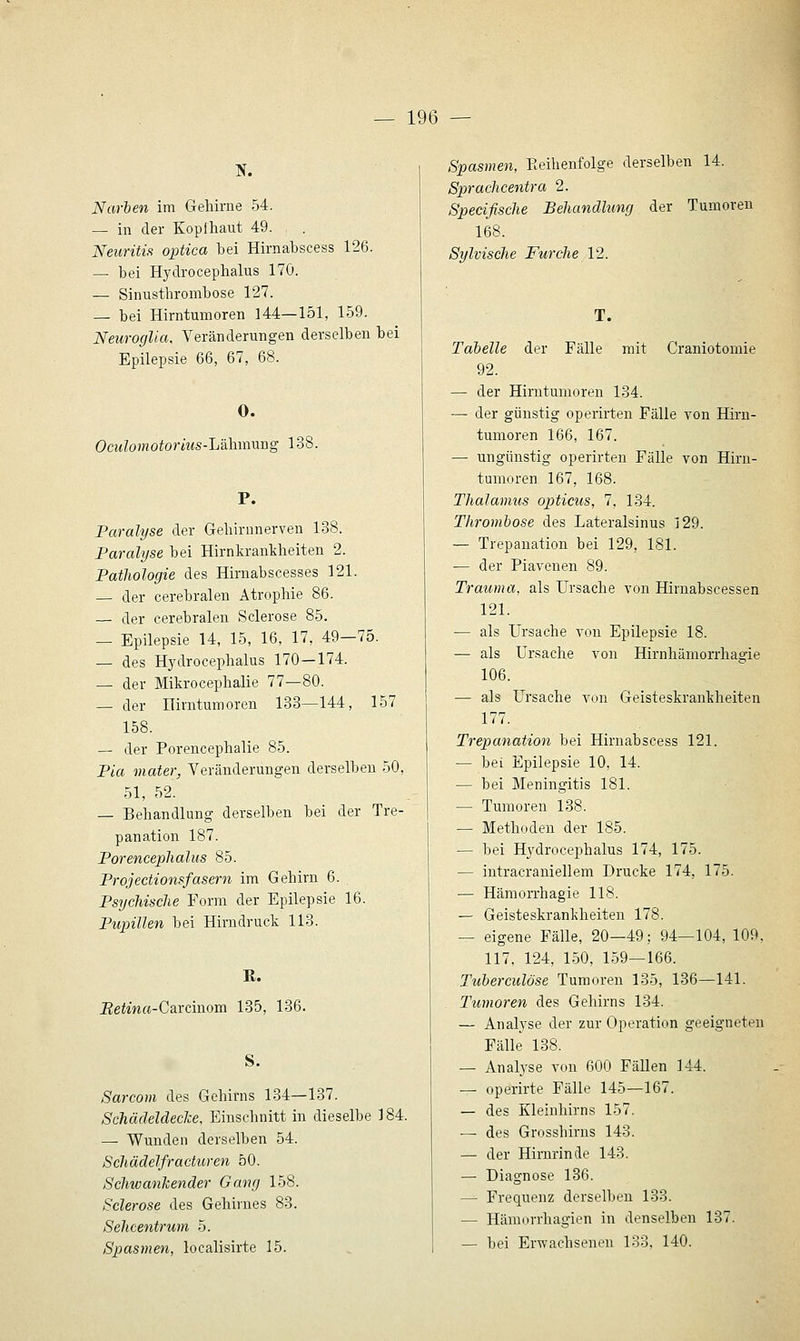 Narben im Gehirne 54. — in der Kopfhaut 49. Neuritis optica bei Hirnabscess 126. — bei Hydrocephalus 17Ö. — Sinusthrombose 127. — bei Hirntumoren 144—151, 159. Neuroglia, Veränderungen derselben bei Epilepsie 66, 67, 68. 0. Oculomotorius-ljslwcMng 138. P. Paralyse der Gehirnnerven 138. Paralyse bei Hirnkrankheiten 2. Pathologie des Hirnabscesses 121. — der cerebralen Atrophie 86. — der cerebralen Sclerose 85. — Epilepsie 14, 15, 16, 17, 49-75. — des Hydrocephalus 170-174. — der Mikrocephalie 77—80. — der Hirntumoren 133—144, 157 158. — der Porencephalie 85. Pia mater, Veränderungen derselben 50, 51, 52. — Behandlung derselben bei der Tre- panation 187. Poreneephalus 85. Projectionsfasern im Gehirn 6. Psychische Form der Epilepsie 16. Pupillen bei Hirndruck 113. R. Retina-Carcinom 135, 136. Sarcom des Gehirns 134—137. Schädeldeclce, Einschnitt in dieselbe 184. — Wunden derselben 54. Schädelfracturen 50. Schwankender Gang 158. Sclerose des Gehirnes 83. Sehcentrwn 5. Spasmen, localisirte 15. Spasmen, Eeihenfolge derselben 14. Sprachcentra 2. Specißsche Behandlung der Tumoren 168. Sylvische Furche 12. T. Tabelle der Fälle mit Craniotomie 92. — der Hirntumoren 134. — der günstig operirten Fälle von Hirn- tumoren 166, 167. — ungünstig operirten Fälle von Hirn- tumoren 167, 168. Thalamus opticus, 7, 134. Thrombose des Lateralsinus 129. — Trepanation bei 129, 181. — der Piavenen 89. Trauma, als Ursache von Hirnabscessen 121. — als Ursache von Epilepsie 18. — als Ursache von Hirnhämorrhagie 106. — als Ursache von Geisteskrankheiten 177. Trepanation bei Hirnabscess 121. — bei Epilepsie 10, 14. — bei Meningitis 181. — Tumoren 138. — Methoden der 185. — bei Hydrocephalus 174, 175. — intracraniellem Drucke 174, 175. — Häraorrhagie 118. — Geisteskrankheiten 178. — eigene Fälle, 20—49; 94—104, 109, 117, 124, 150, 159—166. Tubercidöse Tumoren 135, 136—141. . Tumoren des Gehirns 134. — Analj'se der zur Operation geeigneten Fälle 138. — Analyse von 600 Fällen 144. — operirte Fälle 145—167. — des Kleinhirns 157. — des Grosshirns 143. — der Hirnrinde 143. — Diagnose 186. — Frequenz derselben 133. — Hämorrhagien in denselben 137. — bei Erwachsenen 133, 140.