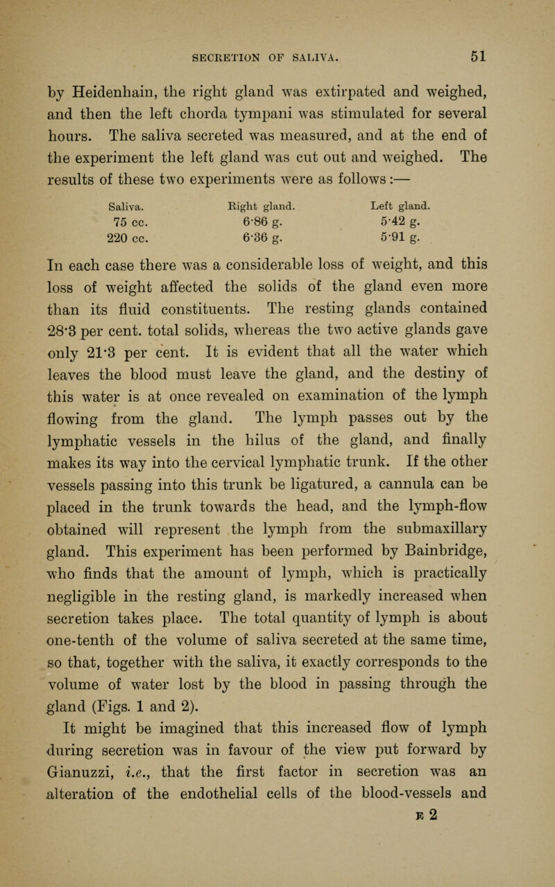 by Heidenhain, the right gland was extirpated and weighed, and then the left chorda tympani was stimulated for several hours. The saliva secreted was measured, and at the end of the experiment the left gland was cut out and weighed. The results of these two experiments were as follows:— Saliva. Eight gland. Left gland, 75 CC. 6-86 g. 5-42 g. 220 CC. 6-36 g. 5-91 g. In each case there was a considerable loss of weight, and this loss of weight affected the solids of the gland even more than its fluid constituents. The resting glands contained 28*3 per cent, total solids, whereas the two active glands gave only 21*3 per cent. It is evident that all the water which leaves the blood must leave the gland, and the destiny of this water is at once revealed on examination of the lymph flowing from the gland. The lymph passes out by the lymphatic vessels in the hilus of the gland, and finally makes its way into the cervical lymphatic trunk. If the other vessels passing into this trunk be ligatured, a cannula can be placed in the trunk towards the head, and the lymph-flow obtained will represent the lymph from the submaxillary gland. This experiment has been performed by Bainbridge, who finds that the amount of lymph, which is practically negligible in the resting gland, is markedly increased when secretion takes place. The total quantity of lymph is about one-tenth of the volume of saliva secreted at the same time, so that, together with the saliva, it exactly corresponds to the volume of water lost by the blood in passing through the gland (Figs. 1 and 2). It might be imagined that this increased flow of lymph during secretion was in favour of the view put forward by Gianuzzi, i.e., that the first factor in secretion was an alteration of the endothelial cells of the blood-vessels and E 2