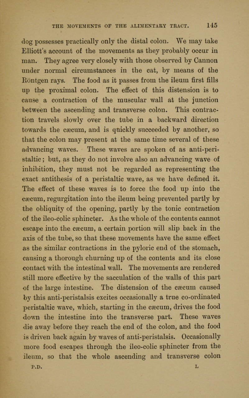 dog possesses practically only the distal colon. We may take Elliott's account of the movements as they probably occur in man. They agree very closely with those observed by Cannon under normal circumstances in the cat, by means of the Eontgen rays. The food as it passes from the ileum first fills up the proximal colon. The effect of this distension is to cause a contraction of the muscular wall at the junction between the ascending and transverse colon. This contrac- tion travels slowly over the tube in a backward direction towards the cascum, and is qtiickly succeeded by another, so that the colon may present at the same time several of these advancing waves. These waves are spoken of as anti-peri- staltic ; but, as they do not involve also an advancing wave of inhibition, they must not be regarded as representing the exact antithesis of a peristaltic wave, as we have defined it. The effect of these waves is to force the food up into the caecum, regurgitation into the ileum being prevented partly by the obliquity of the opening, partly by the tonic contraction of the ileo-colic sphincter. x\s the whole of the contents cannot escape into the caecum, a certain portion will slip back in the axis of the tube, so that these movements have the same effect as the similar contractions in the pyloric end of the stomach, causing a thorough churning up of the contents and its close contact with the intestinal wall. The movements are rendered still more effective by the sacculation of the walls of this part of the large intestine. The distension of the caecum caused by this anti-peristalsis excites occasionally a true co-ordinated peristaltic wave, which, starting in the caecum, drives the food down the intestine into the transverse part. These waves die away before they reach the end of the colon, and the food is driven back again by waves of anti-peristalsis. Occasionally more food escapes through the ileo-colic sphincter from the ileum, so that the whole ascending and transverse colon P.D. L