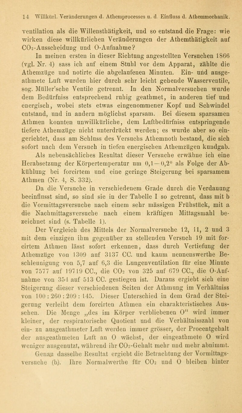 Ventilation als die Willensthätigkeit, und so entstand die Frage: wie wirken diese willkürliehen Veränderungen der Athemthätigkeit auf C02-AusscheiduDg und O-Aufnahme? In meinen ersten in dieser Richtung angestellten Versuchen 1866 (vgl, Nr. 4) sass ich auf einem Stuhl vor dem Apparat, zählte die Athemziige und notirte die abgelaufenen Minuten. Ein- und ausge- athmete Luft wurden hier durch sehr leicht gehende Wasserventile, sog. MüUer'sche Ventile getrennt. In den Normalversuchen wurde dem Bedürfniss entsprechend ruhig geathmet, in anderen tief und energisch, wobei stets etwas eingenommener Kopf und Schwindel entstand, und in andern möglichst sparsam. Bei diesem sparsamen Athmen konnten unwillkürliche, dem Luftbedürfniss entspringende tiefere Athemzüge nicht unterdrückt werden; es wurde aber so ein- gerichtet, dass am Schluss des Versuchs Athemnoth bestand, die sich sofort nach dem Versuch in tiefen energischen Athemzügen kundgab. Als nebensächliches Resultat dieser Versuche erwähne ich eine Herabsetzung der Körpertemperatur um 0,1 — 0,2*^ als Folge der Ab- kühlung bei forcirtem und eine geringe Steigerung bei sparsamem Athmen (Nr. 4, S. 332). Da die Versuche in verschiedenem Grade durch die Verdauung beeinflusst sind, so sind sie in der Tabelle I so getrennt, dass mit b die Vormittagsversuche nach einem sehr massigen Frühstück, mit a die Nachmittagsversuche nach einem kräftigen Mittagsmahl be- zeichnet sind (s. Tabelle 1). Der Vergleich des Mittels der Normalversuche 12, 11, 2 und 3 mit dem einzigen ihm gegenüber zu stellenden Versuch 19 mit for- cirtem Athmen lässt sofort erkennen, dass durch Vertiefung der Athemzüge von 1309 auf 3137 CG. und kaum nenneuswerthe Be- schleunigung von 5,7 auf 6,3 die Lungenventilation für eine Minute von 7577 auf 19719 CO., die CO2 von 325 auf 679 CC, die O-Auf- nahme von 354 auf 513 CC. gestiegen ist. Daraus ergiebt sich eine Steigerung dieser verschiedenen Seiten der Athmung im Verhältniss von 100:260:209: 145. Dieser Unterschied in dem Grad der Stei- gerung verleiht dem forcirten Athmen ein charakteristisches Aus- sehen. Die Menge „des im Körper verbliebenen 0 wird immer kleiner, der respiratorische Quotient und die Verhältnisszahl von ein- zu ausgeathmeter Luft werden immer grösser, der Procentgehalt der ausgeathmeten Luft an 0 wächst, der eingeathmete 0 wird weniger ausgenutzt, während ihr CO-2-Gehalt mehr und mehr abnimmt. Genaju dasselbe Resultat ergiebt die Betrachtung der Vormittags- versuche (b). Ihre Normalwerthe für CO2 und 0 bleiben hinter