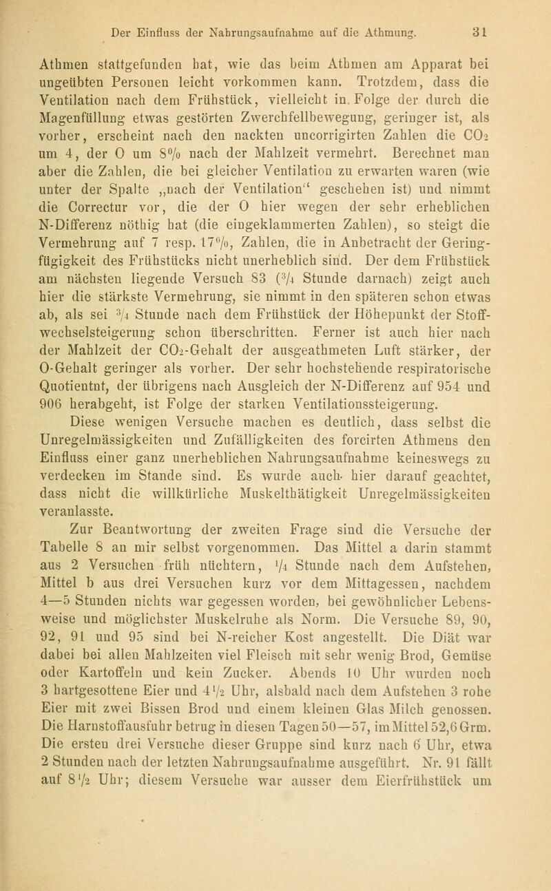 Athmen stattgefundea hat, wie das beim Atbmen am Apparat bei ungeübten Personen leicht vorkommen kann. Trotzdem, dass die Ventilation nach dem Frühstück, vielleicht in. Folge der durch die Magenfüllung etwas gestörten Zwerchfellbewegung, geringer ist, als vorher, erscheint nach den nackten uncorrigirten Zahlen die CO-2 um 4, der 0 um 87o nach der Mahlzeit vermehrt. Berechnet man aber die Zahlen, die bei gleicher Ventilation zu erwarten waren (wie unter der Spalte ,,Dach der Ventilation geschehen ist) und nimmt die Correctur vor, die der 0 hier wegen der sehr erheblichen N-Differeuz nöthig hat (die eingeklammerten Zahlen), so steigt die Vermehrung auf 7 resp. 17''/o, Zahlen, die in Anbetracht der Gering- fügigkeit des Frühstücks nicht unerheblich sind. Der dem Frühstück am nächsten liegende Versuch 83 (^A Stunde darnach) zeigt auch hier die stärkste Vermehrung, sie nimmt in den späteren schon etwas ab, als sei 3/4 Stunde nach dem Frühstück der Höhepunkt der Stoff- wechselsteigerung schon überschritten. Ferner ist auch hier nach der Mahlzeit der COi-Gehalt der ausgeathmeten Luft stärker, der 0-Gehalt geringer als vorher. Der sehr hochstehende respiratorische Quotientnt, der übrigens nach Ausgleich der N-Differenz auf 954 und 906 herabgeht, ist Folge der starken Ventilationssteigerung. Diese wenigen Versuche machen es deutlich, dass selbst die Unregelmässigkeiten und Zufälligkeiten des forcirten Athmens den Einfluss einer ganz unerheblichen Nahrungsaufnahme keineswegs zu verdecken im Stande sind. Es wurde auch- hier darauf geachtet, dass nicht die willkürliche Muskelthätigkeit Unregelmässigkeiten veranlasste. Zur Beantwortung der zweiten Frage sind die Versuche der Tabelle 8 an mir selbst vorgenommen. Das Mittel a darin stammt aus 2 Versuchen früh nüchtern, Vi Stunde nach dem Aufstehen, Mittel b aus drei Versuchen kurz vor dem Mittagessen, nachdem 4—5 Stunden nichts war gegessen worden, bei gewöhnlicher Lebens- weise und möglichster Muskelruhe als Norm. Die Versuche 89, 90, 92, 91 und 95 sind bei N-reicher Kost angestellt. Die Diät war dabei bei allen Mahlzeiten viel Fleisch mit sehr wenig Brod, Gemüse oder Kartoffeln und kein Zucker. Abends 10 Uhr wurden noch 3 hartgesottene Eier und 4 7-2 Uhr, alsbald nach dem Aufstehen 3 rohe Eier mit zwei Bissen Brod und einem kleinen Glas Milch genossen. Die Harnstoffausfuhr betrug in diesen Tagen 50—57, im Mittel 52,6 Grm. Die ersten drei Versuche dieser Gruppe sind kurz nach 6' Uhr, etwa 2 Stunden nach der letzten Nahrungsaufnahme ausgeführt. Nr. 91 fällt auf 8'/2 Uhr; diesem Versuche war ausser dem Eierfrühstück um