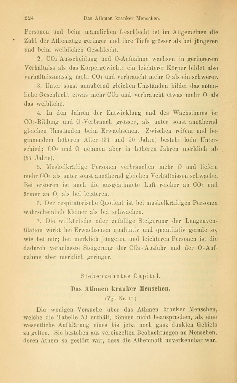 Personen und beim männlichen Geschlecht ist im Allgemeinen die Zahl der Athemzüge geringer und ihre Tiefe grösser als bei jüngeren und beim weiblichen Geschlecht. 2. COi-AusscheiduDg und 0-Aufnahme wachsen in geringerem Verhältniss als das Körpergewicht; ein leichterer Körper bildet also verhältnissmässig mehr CO2 und verbraucht mehr 0 als ein schwerer. 3. Unter sonst annähernd gleichen Umständen bildet das männ- liche Geschlecht etwas mehr CO2 und verbraucht etwas mehr 0 als das weibliche. 4. In den Jahren der Entwicklung und des Wachsthums ist C02-Bildung und 0-Verbrauch grösser, als unter sonst annähernd gleichen Umständen beim Erwachsenen. Zwischen reifem und be- ginnendem höheren Alter (31 und 50 Jahre) besteht kein Unter- schied; CO2 und 0 nehmen aber in höheren Jahren merklich ab (57 Jahre). 5. Muskelkräftige Personen verbrauchen mehr 0 und liefern mehr CO2 als unter sonst annähernd gleichen Verhältnissen schwache. Bei ersteren ist auch die ausgeathmete Luft reicher an CO2 und ärmer an 0, als bei letzteren. 6. Der respiratorische Quotient ist bei muskelkräftigen Personen wahrscheinlich kleiner als bei schwachen. 7. Die willkürliche oder zufällige Steigerung der Lungenven- tilation wirkt bei Erwachsenen qualitativ und quantitativ gerade so, wie bei mir; bei merklich jüngeren und leichteren Personen ist die dadurch veranlasste Steigerung der CO2-Ausfuhr und der 0-Auf- nahme aber merklich geringer. Siebenzehntes Capitel. Das Athmen kranker Mensehen. iVgi. Nr. 17.) Die wenigen Versuche über das Athmen kranker Menschen, welche die Tabelle 53 enthält, können nicht beanspruchen, als eine wesentliche Aufklärung eines bis jetzt noch ganz dunklen Gebiets zu gelten. Sie bestehen aus vereinzelten Beobachtungen an Menschen, deren Athem so gestört war, dass die Athemnoth unverkennbar war.