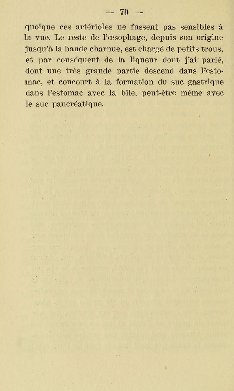 quoique ces artérioles ne fussent pas sensibles à la vue. Le reste de l'œsophage, depuis son origine jusqu'à la bande charnue, est chargé de jDetits trous, et par conséquent de la liqueur dont j'ai parlé, dont une très grande partie descend dans l'esto- mac, et concourt à la formation du suc gastrique dans l'estomac avec la bile, peut-être même avec le suc pancréatique.