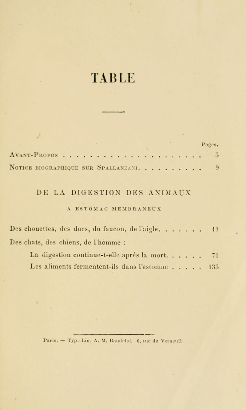 TABLE Avant-Propos li Notice liiouRAiMiiQUE sur Si'allam'.am 9 DE LA DIGESTION DES ANIMAUX A ESTOMAC MEMBRANEUX Des chouettes, ries ducs, du faucon, de l'aigle 11 Des chats, des chiens, de l'homme : La digestion continue-t-ello après la mort 71 Les aliments fermcntenl-iLs dans l'estomac i;].'> Taris. — Tjii.-I.iii, A.-M. Uaudelut, G, nie de Vi'.i'iuniil.