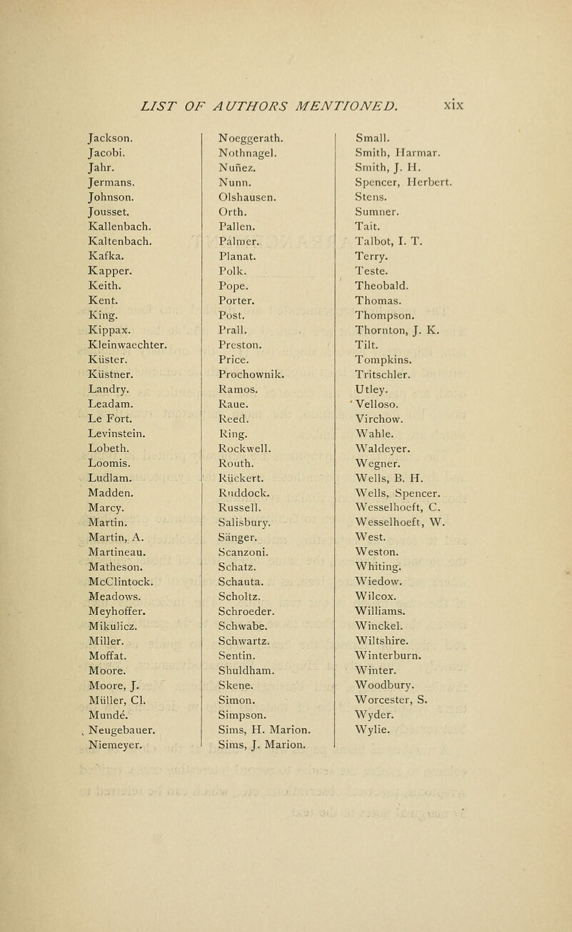 Jackson. Jacobi. Jahr. Jermans. Johnson. Jousset. Kallenbach. Kaltenbach. Kafka. Kapper. Keith. Kent. King. Kippax. Kleinwaechter. Kiister. Kiistner. Landry. Leadam. Le Fort. Levinstein. Lobeth. Loomis. Ludlam. Madden. Marcy. Martin. Martin, A. Martineau. Matheson. McCHntock. Meadows. Meyhoffer. Mikulicz. Miller. Moffat. Moore. Moore, J. Miiller, CI. Munde. Neugebauer. Niemeyer. Noeggerath. Nothnagel. Nuiaez. Nunn. Olshausen. Orth. Fallen. Palmer. Planat. Polk. Pope. Porter. Post. Prall. Preston. Price. Prochownik. Ramos. Raue. Reed. Ring. Rockwell. Routh. Riickert. Ruddock. Russell. Salisbury. Sanger. Scanzoni. Schatz. Schauta. Scholtz. Schroeder. Schwabe. Schwartz. Sentin. Shuldham. Skene. Simon. Simpson. Sims, H. Marion. Sims, J. Marion. Small. Smith, Harmar. Smith, J. H. Spencer, Herbert. Stens. Sumner. Tait. Talbot, L T. Terry. Teste. Theobald. Thomas. Thompson. Thornton, J. K. Tilt. Tompkins. Tritschler. Utley. ■ Velloso. Virchow. Wahle. Waldeyer. Wegner. Wells, B. H. Wells, Spencer. Wesselhoeft, C. Wesselhoeft, W. West. Weston. Whiting. Wiedow. Wilcox. Williams. Winckel. Wiltshire. Winterburn. Winter. Woodbury. Worcester, S. Wyder. Wylie.