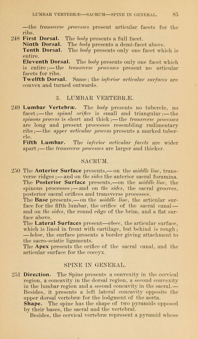 —the transverse processes present articular facets for tin- ribs. 248 First Dorsal. The body presents a full facet. Ninth Dorsal. The body presents ;i demi-facet above. Tenth Dorsal. The body presents only one facet which is entire. Eleventh Dorsal. The body presents only one facet which is entire;—the transverse processes present no articular facets for ribs. Twelfth Dorsal. Same; the inferior articular surfaces are convex and turned outwards. 3. LUMBAR VERTEBRA. 249 Lumbar Vertebrae. The body presents no tubercle, no facet;—the spinal orifice is small and triangular;—the spinous process is short and thick;—the transverse processes are long and present processes resembling rudimentary ribs;—the upper articular process presents a marked tuber- cle. Fifth Lumbar. The inferior articular facets are wider apart;—the transverse processes are larger and thicker. SACRUM. 250 The Anterior Surface presents,— on the middle line, trans- verse ridges ;—and on the sides the anterior sacral foramina. The Posterior Surface presents,—on the middle line, the spinous processes;—and on the sides, the sacral grooves. posterior sacral orifices and transverse processes. The Base presents,— on the middle line, the articular sur- face for the fifth lumbar, the orifice of the sacral canal — and on the sides, the round edge of the brim, and a fiat sur- face above. The Lateral Surfaces present—above, the articular surface, which is lined in front with cartilage, but behind is rough ; — beloiv, the surface presents a border giving attachment to the sacro-sciatic ligaments. The Apex presents the orifice of the sacral canal, and the articular surface for the coccyx. SPINE IN GENERAL. 251 Direction. The Spine presents a convexity in the cervical region, a concavity in the dorsal region, a second convexity in the lumbar region and a second concavity in the sacral.— Besides, it presents a left lateral concavity opposite the upper dorsal vertebra? for the lodgment of the aorta. Shape. The spine has the shape of two pyramids opposed by their bases, the sacral and the vertebral. Besides, the cervical vertebra- represent a pyramid whose