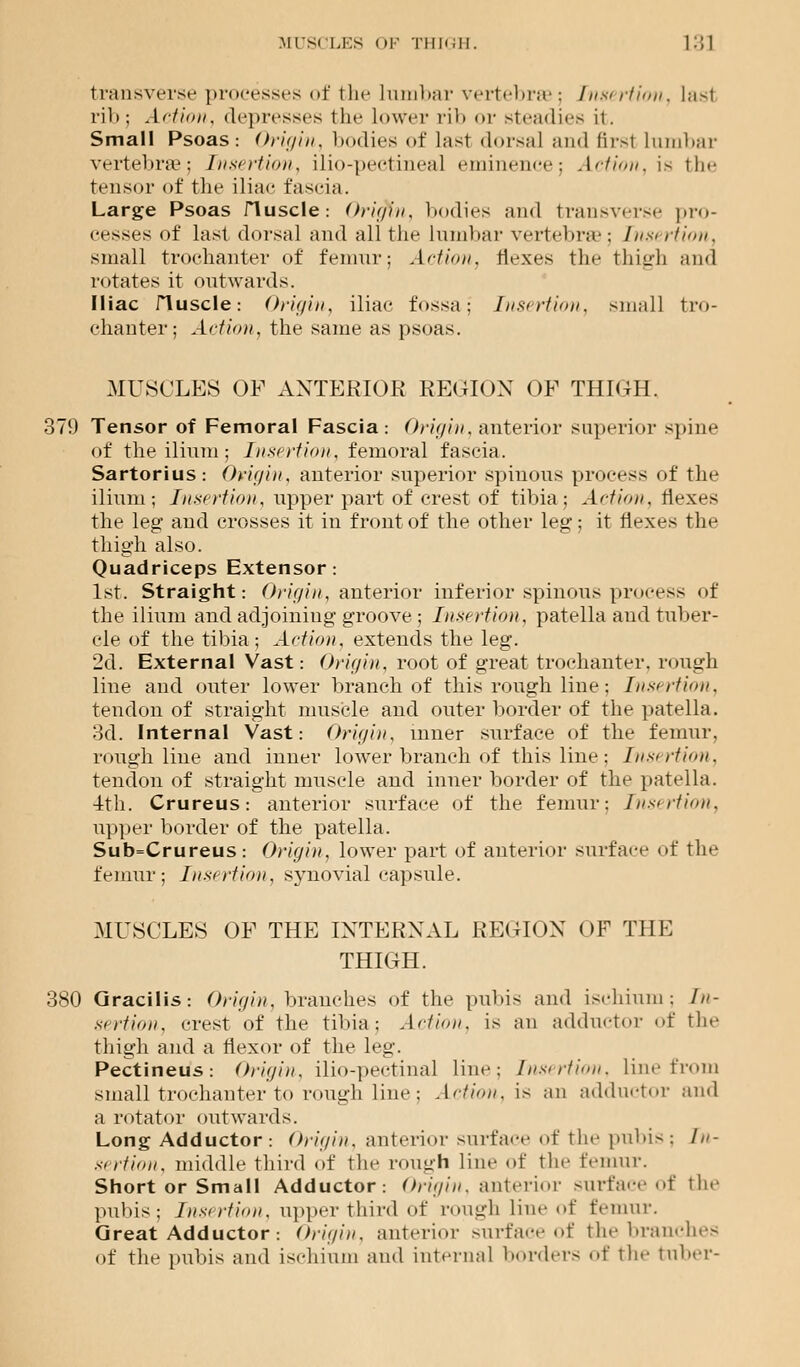 transverse processes of the Lumbar vertebrae; Insertion, lasl rib; Action, depresses the Lower rib or steadies ii. Small Psoas: Origin, bodies of last dorsal and firsl Lumbar vertebra?; Insertion, ilio-pectineal eminence; Action, is tin- tensor of the iliac fascia. Large Psoas Huscle: Origin, bodies ami transverse pro- cesses of last dorsal and all the Lumbar vertebrae ; Insi rtion, small trochanter of femur; Action, flexes the thigh and rotates it outwards. Iliac fluscle: Origin, iliac fossa: Insertion, small tro- chanter; Action, the same as psoas. MUSCLES OF ANTERIOR REGION OF THIGH. 379 Tensor of Femoral Fascia: Origin, anterior superior spine of the ilium; Insertion, femoral fascia. Sartorius: Origin, auterior superior spinous process of the ilium; Insertion, upper part of crest of tibia; Action, tiexes the leg' aud crosses it in front of the other leg; it tiexes the thigh also. Quadriceps Extensor: 1st. Straight: Origin, anterior inferior spinous process of the ilium and adjoining groove ; Insertion, patella and tuber- cle of the tibia ; Action, extends the leg. 2d. External Vast: Origin, root of great trochanter, rough line and outer lower branch of this rough line; Insertion. tendon of straight muscle and outer border of the patella. 3d. Internal Vast: Origin, inner surface of the femur, rough line and inner lower branch of this line; Insertion, tendon of straight muscle and inner border of the patella. 4th. Crureus: anterior surface of the femur: Insertion, upper border of the patella. Sub=Crureus: Origin, lower part of anterior surface of the femur; Insertion, synovial capsule. MUSCLES OF THE INTERNAL REGION OF THE THIGH. 380 Gracilis: Origin, branches of the pubis and ischium; In- sertion, crest of the tibia: Action, is an adductor of tin' thigh and a flexor of the leg. Pectineus: Origin, ilio-pectinal Line; Insertion, line from small trochanter to rough line : Action, is an adductor and a rotator outwards. Long Adductor: Origin, anterior surface of the pubis; In- sertion, middle third of the rough line of the femur. Short or Small Adductor: Origin, anterior surface of the pubis; Insertion, upper third of rough line of femur. Great Adductor : Origin, anterior surf ace of the branches of the pubis and ischium and internal borders of the ttlber-