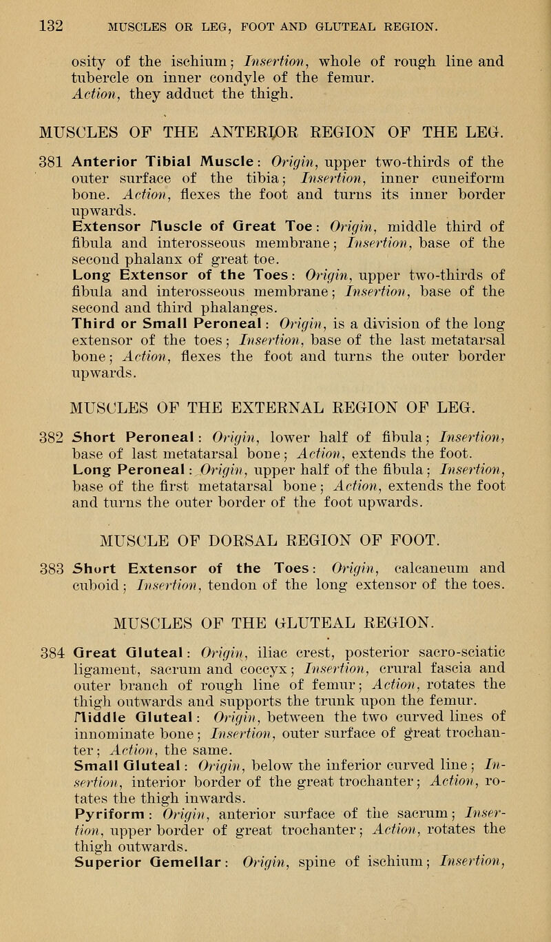 osity of the ischium; Insertion, whole of rough line and tubercle on inner condyle of the femur. Action, they adduct the thigh. MUSCLES OF THE ANTERIOR REGION OF THE LEG. 381 Anterior Tibial Muscle: Origin, upper two-thirds of the outer surface of the tibia; Insertion, inner cuneiform bone. Action, flexes the foot and turns its inner border upwards. Extensor Huscle of Great Toe: Origin, middle third of fibula and interosseous membrane; Insertion, base of the second phalanx of great toe. Long Extensor of the Toes: Origin, upper two-thirds of fibula and interosseous membrane; Insertion, base of the second and third phalanges. Third or Small Peroneal: Origin, is a division of the long extensor of the toes; Insertion, base of the last metatarsal bone; Action, flexes the foot and turns the outer border upwards. MUSCLES OF THE EXTERNAL REGION OF LEG. 382 Short Peroneal: Origin, lower half of fibula; Insertion, base of last metatarsal bone; Action, extends the foot. Long Peroneal: Origin, upper half of the fibula; Insertion, base of the first metatarsal bone; Action, extends the foot and turns the outer border of the foot upwards. MUSCLE OF DORSAL REGION OF FOOT. 383 Short Extensor of the Toes: Origin, calcaneum and cuboid; Insertion, tendon of the long extensor of the toes. MUSCLES OF THE GLUTEAL REGION. 384 Great Gluteal: Origin, iliac crest, posterior sacro-sciatic ligament, sacrum and coccyx; Insertion, crural fascia and outer branch of rough line of femur; Action, rotates the thigh outwards and supports the trunk upon the femur. JTiddle Gluteal: Origin, between the two curved lines of innominate bone; Insertion, outer surface of great trochan- ter; Action, the same. Small Gluteal: Origin, below the inferior curved line ; In- sertion, interior border of the great trochanter; Action, ro- tates the thigh inwards. Pyriform : Origin, anterior surface of the sacrum; Inser- tion, upper border of great trochanter; Action, rotates the thigh outwards. Superior Gemellar: Origin, spine of ischium; Insertion,