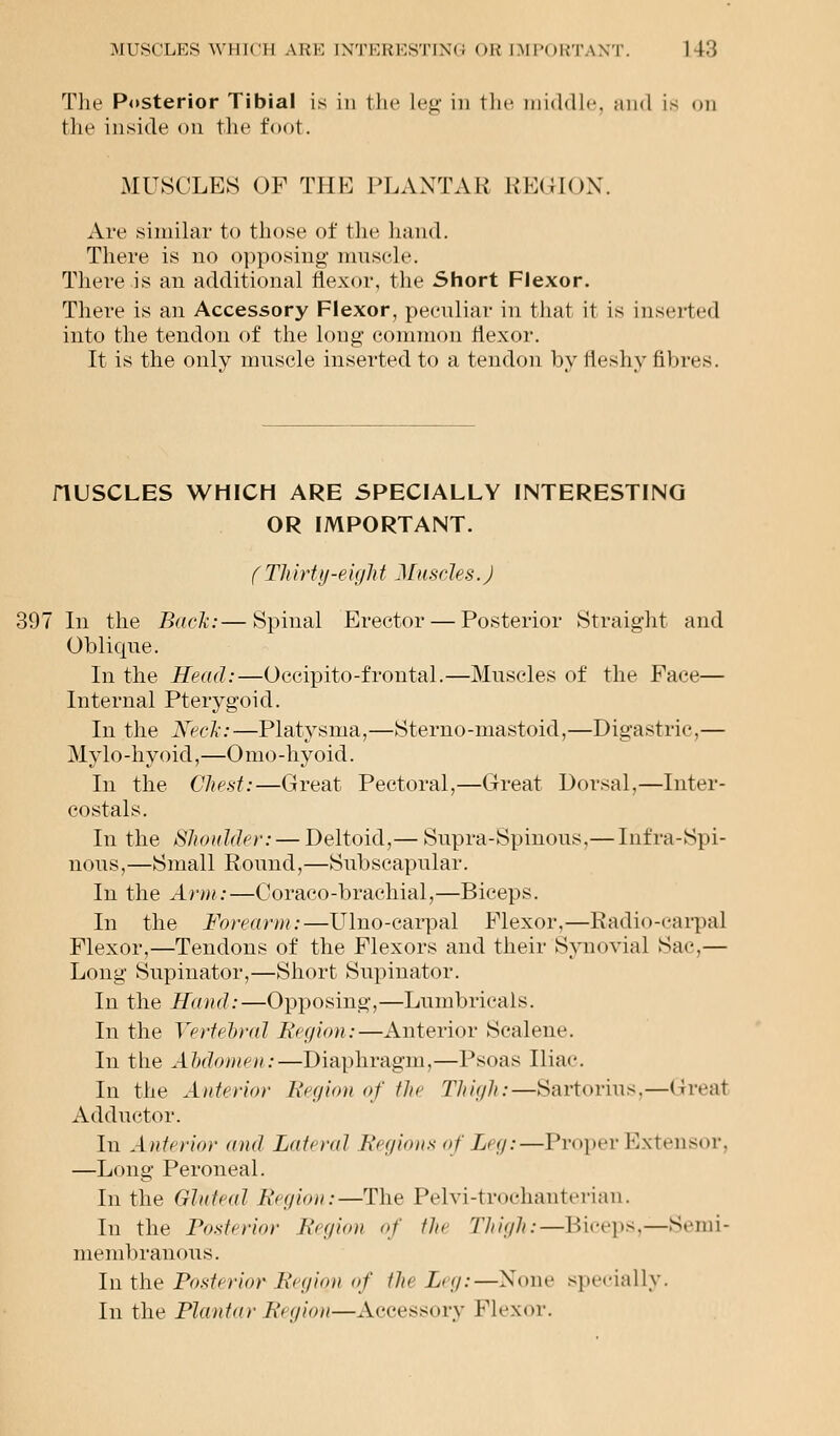 The Posterior Tibial is in the Leg in the middle and 18 OB the inside on the fool. M USCLES OF TH E PL ANT A R R EGION. Are similar to those of the hand. There is no opposing muscle. There is an additional flexor, the Short Flexor. There is an Accessory Flexor, peculiar in that it is inserted into the tendon of the long common flexor. It is the only muscle inserted to a tendon by fleshy fibres. riUSCLES WHICH ARE SPECIALLY INTERESTING OR IMPORTANT. ( Th irty-eigh t Muscles. J 397 In the Back:—Spinal Erector — Posterior Straight and Oblique. In the Head:—Occipitofrontal.—Muscles of the Face— Internal Pterygoid. In the Keck:—Platysma,—Sterno-mastoid,—Digastric,— Mylo-hyoid,—Omo-hyoid. In the Chest:—Great Pectoral,—Great Dorsal,—Inter- costals. In the Shoulder: — Deltoid,— Supra-Spinous,— Infra-Spi- nous,—Small Round,—Subscapular. In the Arm:—Coraco-brachial,—Biceps. In the Forearm:—Ulno-carpal Flexor,—Radio-carpal Flexor,—Tendons of the Flexors and their Synovial Sac.— Long Supinator,—Short Supinator. In the Hand:—Opposing,—Lumbricals. In the Vertebral Region:—Anterior Scalene. In the Abdomen:—Diaphragm,—Psoas Iliac In the Anterior Region of the Thigh:—Sartorins,—Great Adductor. In Anterior and Lot' rat Regions of Leg:—Proper Extensor, —Long Peroneal. In the Gluteal Region:—The Pelvi-trochanterian. In the Posterior Region of tin Thigh:—Biceps.—Semi- membranous. In the Posterior Regiqn of the L<<j:—None specially. In the Plantar Ret/ion—Accessory Flexor.