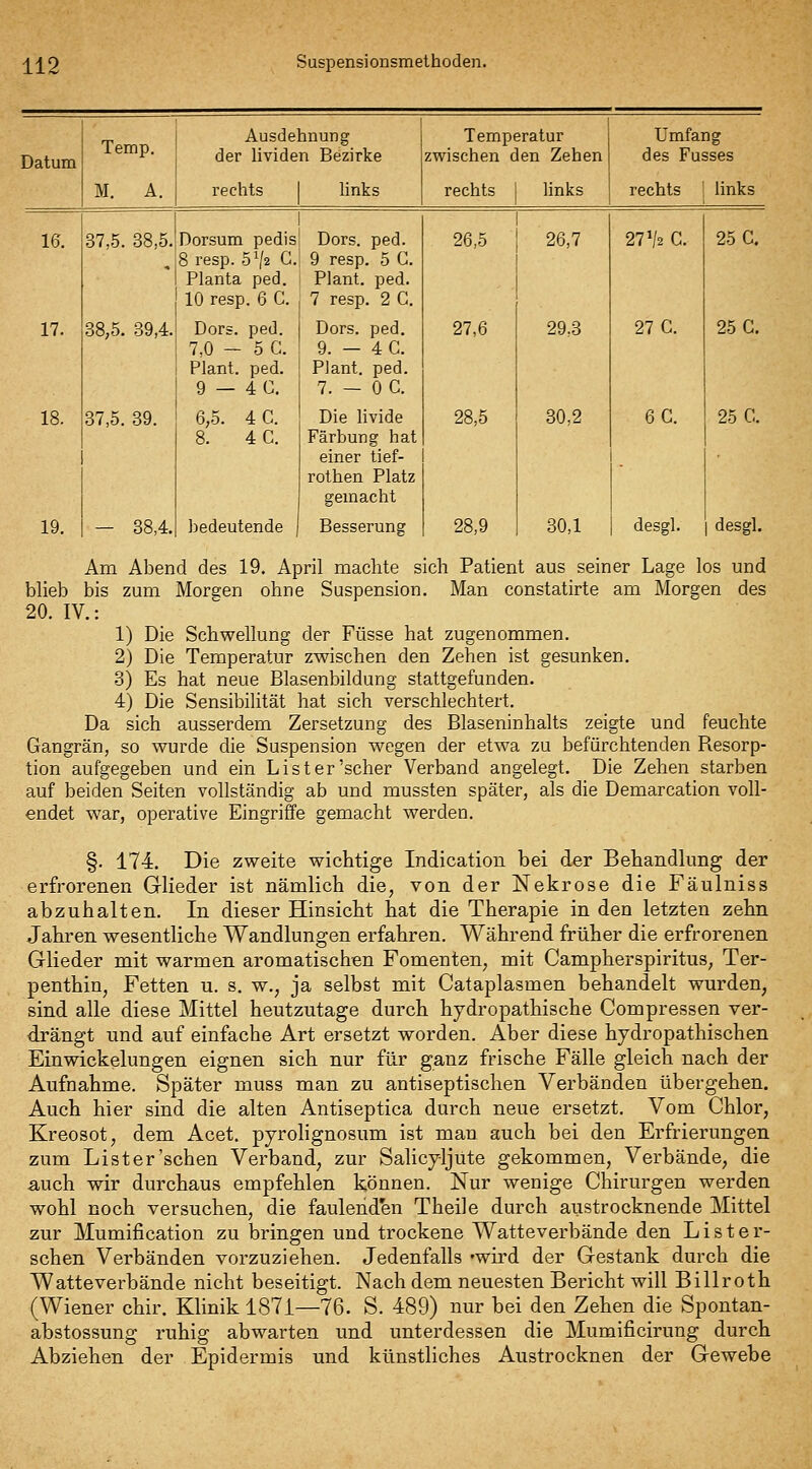 Datum Temp. Ausdehnung der lividen Bezirke Temperatur zwischen den Zehen umfang des Fusses M. A. rechts 1 links rechts 1 links rechts 1 links 16. 37,5. 38,5. Dorsum pedis Dors. ped. 8 resp. 5^2 G.' 9 resp. 5 G. Planta ped. Plant, ped. 10 resp. 6 C. 1 7 resp. 2 G. 26,5 26,7 27 V2 C. 25 C. 17. 38;5. 39,4. Dors. ped. 7,0 - 5 G. I Plant, ped. ! 9 — 4 G. Dors. ped. 9. — 4 C. Plant, ped. 7. - 0 C. 27,6 29,3 27 G. 25 G. 18. 37,5. 39. 6,5. 4C. 8. 4C. Die livide Färbung hat einer tief- rothen Platz gemacht 28,5 30,2 6C. 25 C. 19. — 38,4. bedeutende Besserung 28,9 30,1 desgl. desgl. Am Abend des 19. April machte sich Patient aus seiner Lage los und blieb bis zum Morgen ohne Suspension. Man constatirte am Morgen des 20. IV.: 1) Die Schwellung der Füsse hat zugenommen. 2) Die Temperatur zwischen den Zehen ist gesunken. 3) Es hat neue Blasenbildung stattgefunden. 4) Die Sensibilität hat sich verschlechtert. Da sich ausserdem Zersetzung des Blaseninhalts zeigte und feuchte Gangrän, so wurde die Suspension wegen der etwa zu befürchtenden Resorp- tion aufgegeben und ein List er'scher Verband angelegt. Die Zehen starben auf beiden Seiten vollständig ab und mussten später, als die Demarcation voll- endet war, operative Eingriffe gemacht werden. §. 174. Die zweite wichtige Indication bei der Behandlung der erfrorenen Glieder ist nämlich die, von der Nekrose die Fäulniss abzuhalten. In dieser Hinsicht hat die Therapie in den letzten zehn Jahren wesentliche Wandlungen erfahren. Während früher die erfrorenen Glieder mit warmen aromatischen Fomenten, mit Campherspiritus, Ter- penthin, Fetten u. s. w., ja selbst mit Cataplasmen behandelt wurden, sind alle diese Mittel heutzutage durch hjdropathische Compressen ver- drängt und auf einfache Art ersetzt worden. Aber diese hydropathischen Einwickelungen eignen sich nur für ganz frische Fälle gleich nach der Aufnahme. Später muss man zu antiseptischen Verbänden übergehen. Auch hier sind die alten Antiseptica durch neue ersetzt. Vom Chlor, Kreosot, dem Acet. pyrolignosum ist man auch bei den Erfrierungen zum List er'sehen Verband, zur Salicyljute gekommen, Verbände, die auch wir durchaus empfehlen können. Nur wenige Chirurgen werden wohl noch versuchen, die faulenden Theile durch austrocknende Mittel zur Mumification zu bringen und trockene Watteverbände den List er- sehen Verbänden vorzuziehen. Jedenfalls -wird der Gestank durch die Watteverbände nicht beseitigt. Nach dem neuesten Bericht will Billroth (Wiener chir. Klinik 1871—76. S. 489) nur bei den Zehen die Spontan- abstossung ruhig abwarten und unterdessen die Mumificirung durch Abziehen der Epidermis und künstliches Austrocknen der Gewebe