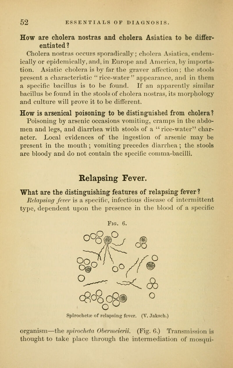 How are cholera nostras and cholera Asiatica to be differ- entiated? Cholera nostras occurs sporadically; cholera Asiatica, endem- ically or epidemically, and, in Europe and America, by importa- tion. Asiatic cholera is by far the ,a:raver affection ; the stools present a characteristic  rice-water  appearance, and in them a specific bacillus is to be found. If an apparently similar bacillus be found in the stools of cholera nostras, its morphology and culture will prove it to be different. How is arsenical poisoning to be distinguished from cholera? Poisoning by arsenic occasions vomiting, cramps in the abdo- men and legs, and diarrhea with stools of a  rice-water char- acter. Local evidences of the ingestion of arsenic may be present in the mouth; vomiting precedes diarrhea ; the stools are bloody and do not contain the specific comma-bacilli. Relapsing Fever. What are the distinguishing features of relapsing fever ? Relapsing fever is a specific, infectious disease of intermittent type, dependent upon the presence in the blood of a specific Fig. 6. <$fPoo9$ Spirochetal of relapsing fever. (V. Jaksch.) organism—the spirocheta Obermeierii. (Fig. 6.) Transmission is thought to take place through the intermediation of mosqui-