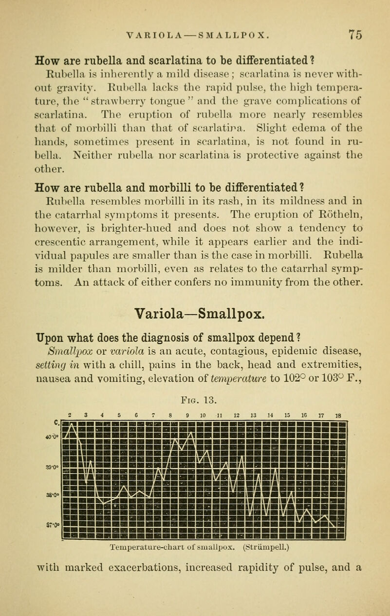 How are rubella and scarlatina to be differentiated ? Rubella is inherently a mild disease ; scarlatina is never with- out gravity. Rubella lacks the rapid pulse, the high tempera- ture, the *' strawberry tongue '' and the grave complications of scarlatina. The eruption of rubella more nearly resembles that of morbilli than that of scarlati)''a. Slight edema of the hands, sometimes present in scarlatina, is not found in ru- bella. Neither rubella nor scarlatina is protective against the other. How are rubella and morbilli to be differentiated ? Rubella resembles morbilli in its rash, in its mildness and in the catarrhal symptoms it presents. The eruption of Rotheln, however, is brighter-hued and does not show a tendency to crescentic arrangement, w^hile it appears earlier and the indi- vidual papules are smaller than is the case in morbilli. Rubella is milder than morbilli, even as relates to the catarrhal symp- toms. An attack of either confers no immunity from the other. Variola—Smallpox. Upon what does the diagnosis of smallpox depend ? Small2:)0x or variola is an acute, contagious, epidemic disease, setting in with a chill, pains in the back, head and extremities, nausea and vomiting, elevation of temperature to 102° or 103 F., Fig. 13. 2 3 4 5 C 7 8 9 10 n 12 13 !4 15 IG 17 18 c. ■f^ ■IIB HH HBl ■■ HB BH ^H ■■■■ HB ■■ ■■ Hi ■■■■■■ ■■ •▲^■■■■■■■■■■BBiHHHHHHBHBBiHaHHHHHBHH 40 ■0» ^■^■■■■■■■■■■■■■^■■■■■■■■■■■■■■■■■B HHk'WBHBBBBMiimf^HMIlHHBiBiHHBHHH H ■■■■■■ HHIIIH HH HH HH HHBIIM^^B HH HH HH HH HB H BH BB BB HBHBBBBBBBBBBBIHBiW^lBBBBBHHB BBBBBBB ■■■IMBBHBBHBBnBHBraAlBBBTilBBBB BBBBBBB 390° ■BBIMBBBBBBBBViBBBBBBfiWrAIBBBB BBBBBBB 0HIH1U13H^BBI^B^l^lHIVllVMlHI^HBH^I V^BIH'A^^BHiUVil IH^HHUHilH^I BBBBlWRBnSnBBBHBBBBBBBkWflBB MBBBBBB 38-0« ■■BBBBBBBBBBBBBBBBBBBBITJaiTlBlVMBBBBBB BgBBia»BIBBBSBBSSBSBSiSEJ89rSsSH ■■BBBBBBBBBBBBBBBBBBBBBBBBBBBBMBINB ST'0» ■BBBBBBBBBBBBBBBBBBBBBBBBBBBBBBBBB ■BBBBBBBBBBBBBBBBBBBBBBBBBBBBBBBBB Temperature-chart of smallpox. (Striimpell.) with marked exacerbations, increased rapidity of pulse, and a