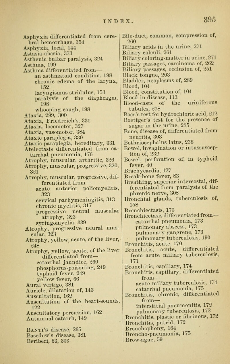 Asphyxia dififerentiated from cere- bral hemorrhage, 354 Asphyxia, local, 144 Astasia-abasia, 373 Asthenic bulbar paralysis, 324 Asthma, 199 Asthma differentiated from— an asthmatoid condition, 198 chronic edema of the larynx, 152 laryngismus stridulus, 153 paralysis of the diaphragm, 198 whooping-cough, 198 Ataxia, 299, 300 Ataxia, Friedreich's, 331 Ataxia, locomotor, 327 Ataxia, vasomotor, 384 Ataxic paraplegia, 330 Ataxic paraplegia, hereditary, 331 Atelectasis differentiated from ca- tarrhal pneumonia, 176 Atrophy, muscular, arthritic, 326 Atrophy, muscular, progressive, 320, 321 Atrophy, muscular, progressive, dif- ferentiated from— acute anterior poliomyelitis, 323 cervical pachymeningitis, 313 chronic myelitis, 317 progressive neural muscular atrophy, 323 syringomyelia, 339 Atrophy, progressive neural mus- cular, 323 Atrophy, yellow, acute, of the liver, 248 Atrophy, yellow, acute, of the liver differentiated from— catarrhal jaundice, 260 phosphorus-poisoning, 249 typhoid fever, 249 yellow fever, 66 Aural vertigo, 381 Auricle, dilatation of, 143 Auscultation, 162 Auscultation of the heart-sounds, 122 Auscultatory percussion, 162 Autumnal catarrh, 149 Banti's disease, 265 Basedow's disease, 381 Beriberi, 63, 303 Bile-duct, common, compression of, 2(J0 Biliary acids in the urine, 271 Biliary calculi, 261 Biliary coloring-matter in urine, 271 Biliary passages, carcinoma of, 262 Biliary passages, occlusion of, 251 Black tongue, 203 Bladder, neoplasms of, 289 Blood, 104 Blood, constitution of, 104 Blood in disease, 113 Blood-casts of the uriniferous tubules, 278 Boas's test for hydrochloric acid, 212 Boettger's test for the presence of sugar in the urine, 285 Bone, disease of, differentiated from neuritis, 303 Bothriocephalus latus, 236 Bowel, invagination or intussuscep- tion of, 232 Bowel, perforation of, in typhoid fever, 40 Brachycardia, 127 Break-bone fever, 83 Breathing, superior intercostal, dif- ferentiated from paralysis of the phrenic nerve, 308 Bronchial glands, tuberculosis of, 158 Bronchiectasis, 173 Bronchiectasis differentiated from— catarrhal pneumonia, 173 pulmonary abscess, 173 pulmonary gangrene, 173 pulmonary tuberculosis, 190 Bronchitis, acute, 170 Bronchitis, acute, differentiated from acute miliary tuberculosis, 171 Bronchitis, capillary, 174 Bronchitis, capillary, differentiated from— acute miliary tuberculosis, 174 catarrhal pneumonia, 175 Bronchitis, chronic, differentiated from— interstitial pneumonitis, 172 pulmonary tuberculosis, 172 Bronchitis, plastic or fibrinous, 172 Bronchitis, putrid, 172 Bronchophony, 164 Broncho-pneumonia, 175 Brow-ague, 59