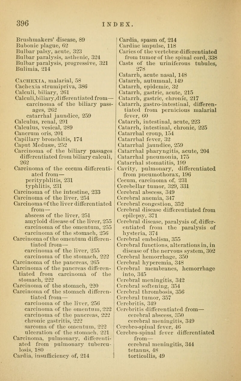 Bruslimakers' disease, 89 Bubonic plague, 62 Bulbar palsy, acute, 323 Bulbar paralysis, asthenic, 324 Bulbar paralysis, progressive, 321 Bulimia, 214 Cachexia, malarial, 58 Cachexia strumipriva, 386 Calculi, biliary, 261 Calculi,biliary,differentiated from— carcinoma of the biliary pass- ages, 262 catarrhal jaundice, 259 Calculus, renal, 291 Calculus, vesical, 289 Cancrum oris, 201 Capillary bronchitis, 174 Caput Medusae, 252 Carcinoma of the biliary passages differentiated from biliary calculi, 262 Carcinoma of the cecum dilierentl- ated from— perityphlitis, 231 typhlitis, 231 Carcinoma of the intestine, 233 Carcinoma of the liver, 254 Carcinoma of the liver differentiated from— abscess of the liver, 251 amyloid disease of the liver, 255 carcinoma of the omentum, 255 carcinoma of the stomach, 256 Carcinoma of the omentum differen- tiated from— carcinoma of the liver, 255 carcinoma of the stomach, 222 Carcinoma of the pancreas, 265 Carcinoma of the pancreas differen- tiated from carcinoma of the stomach, 222 Carcinoma of the stomach, 220 Carcinoma of the stomach differen- tiated from— carcinoma of the liver, 256 carcinoma of the omentum, 222 carcinoma of the pancreas, 222 chronic gastritis, 222 sarcoma of the omentum, 222 ulceration of the stoma(;]i. 221 Carcinoma, pulmonai'y, differenti- ated from pulmonary tubercu- losis, 180 Cardia, insufficiency of, 214 Cardia, spasm of, 214 Cardiac impulse, 118 Caries of the vertebriE differentiated from tumor of the spinal cord, 338 Casts of the uriuiferous tubules, 278 Catarrh, acute nasal, 148 Catarrh, autumnal, 149 Catarrh, epidemic, 32 Catarrh, gastric, acute, 215 Catarrh, gastric, chronic, 217 Catarrh, gastro-intestiual, differen- tiated from pernicious malarial fever, 60 Catarrh, intestinal, acute, 223 Catarrh, intestinal, chronic, 225 Catarrhal croup, 154 Catarrhal fever, 32 Catarrhal jaundice, 259 Catarrhal pharyngitis, acute, 204 Catarrhal pneumonia, 175 Catarrhal stomatitis, 199 Cavity, pulmonary, differentiated from pneumothorax, 196 Cecum, carcinoma of, 231 Cerebellar tumor, 329, 331 Cerebral abscess, 349 Cerebral anemia, 347 Cerebral congestion, 352 Cerebral disease differentiated from epilepsy, 371 Cerebral disease, paralysis of, differ- entiated from the paralysis of hysteria, 374 Cerebral embolism, 355 Cerebral functions, alterations in, in disease of the nervous system, 302 Cerebral hemorrhage, 350 Cerebral hyperemia, 348 Cerebral membranes, hemorrhage into, 345 Cerebral meningitis, 342 Cerebral softening, 354 Cerebral thrombosis, 356 Cerebral tumor, 357 Cerebritis, 349 Cerebritis differentiated from— cerebral abscess, 350 cerebral meningitis, 349 Cerebro-spinal fever, 46 Cerebrospinal fever differentiated from— cerebral meningitis, 344 tetanus, 48 torticollis, 49