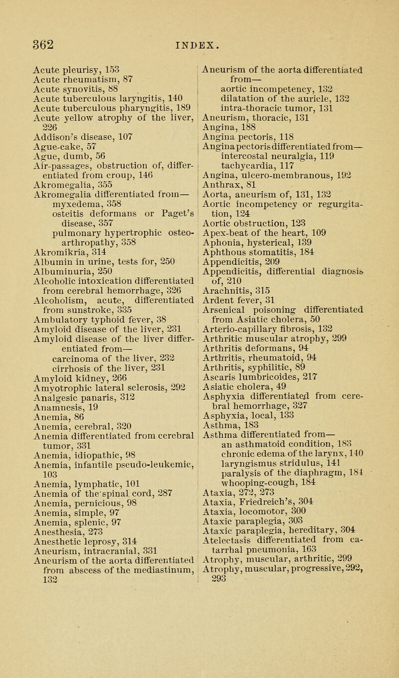 Acute pleurisy, 153 Acute rheumatism, 87 Acute synovitis, b8 Acute tuberculous laryngitis, 140 Acute tuberculous pharyngitis, 189 Acute yellow atrophy of the liver, 226 Addison's disease, 107 Ague-cake, 57 Ague, dumb, 56 Air-passages, obstruction of, differ- entiated from croup, 146 Akromegalia, 355 Akromegalia differentiated from— myxedema, 358 osteitis deformans or Paget's disease, 357 pulmonary hypertrophic osteo- arthropathy, 358 Akromikria, 314 Albumin in urine, tests for, 250 Albuminuria, 250 Alcoholic intoxication differentiated from cerebral hemorrhage, 326 Alcoholism, acute, differentiated from sunstroke, 335 Ambulatory typhoid fever, 38 Amj'loid disease of the liver, 231 Amyloid disease of the liver differ- entiated from— carcinoma of the liver, 232 cirrhosis of the liver, 231 Amj'loid kidney, 266 Amyotrophic lateral sclerosis, 292 Analgesic panaris, 312 Anamnesis, 19 Anemia, 86 Anemia, cerebral, 320 Anemia differentiated from cerebral tumor, 331 Anemia, idiopathic, 98 Anemia, infantile pseudo-leukemic, 103 Anemia, lymphatic, 101 Anemia of thespinal cord, 287 Anemia, pernicious, 98 Anemia, simple, 97 Anemia, splenic. 97 Anesthesia, 273 ' Anesthetic leprosy, 314 Aneurism, intracranial, 331 Aneurism of the aorta differentiated from abscess of the mediastinum, 132 Aneurism of the aorta differentiated from— aortic incompetency, 132 dilatation of the auricle, 132 intra-thoracic tumor, 131 Aneurism, thoracic, 131 Angina, 188 Angina pectoris, 118 Angina pectoris differentiated from— intercostal neuralgia, 119 tachj'cardia, 117 Angina, ulcero-membranous, 192 Anthrax, 81 Aorta, aneurism of, 131, 132 Aortic incompetency or regurgita- tion, 124 Aortic obstruction, 123 Apex-beat of the heart, 109 Aphonia, hysterical, 139 Aphthous stomatitis, 184 Appendicitis, 209 Appendicitis, differential diagnosis of, 210 Arachnitis, 315 Ardent fever, 31 Arsenical poisoning differentiated from Asiatic cholera, 50 Arterio-capillary fibrosis, 132 Arthritic muscular atrophy, 299 Arthritis deformans, 94 Arthritis, rheumatoid, 94 Arthritis, syphilitic, 89 Ascaris lumbricoides, 217 Asiatic cholera, 49 Asphyxia differentiated from cere- bral hemorrhage, 327 Asphyxia, local, 133 Asthma, l83 Asthma differentiated from— an asthmatoid condition, 183 chronic edema of the larynx, 140 laryngismus stridulus, 141 paralysis of the diaphragm, 184 whooping-cough, 184 Ataxia, 272, 273 Ataxia, Friedreich's, 304 Ataxia, locomotor, 300 Ataxic paraplegia, 303 Ataxic paraplegia, hereditary, 304 Atelectasis differentiated from ca- tarrhal pneumonia, 163 Atrophy, muscular, arthritic, 299 Atrophy, muscular, progressive, 292, 293