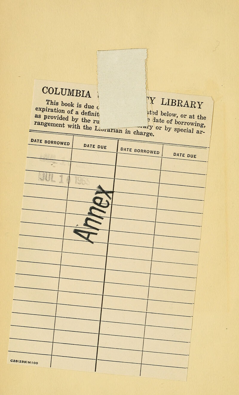 COLUMBIA \ exmW b°°k is due c expiration of a deficit « Provided by £?2 lenient with tLe U ;Y ^IBKAKY [fate of borrows —~* **ry or W r, • *' •^n in charge. y SpeciaJ ar- _ 1 DATE DUE I „ T ^^^=== ^  ~~~l^i±__DATE DUE C28(239)MI00