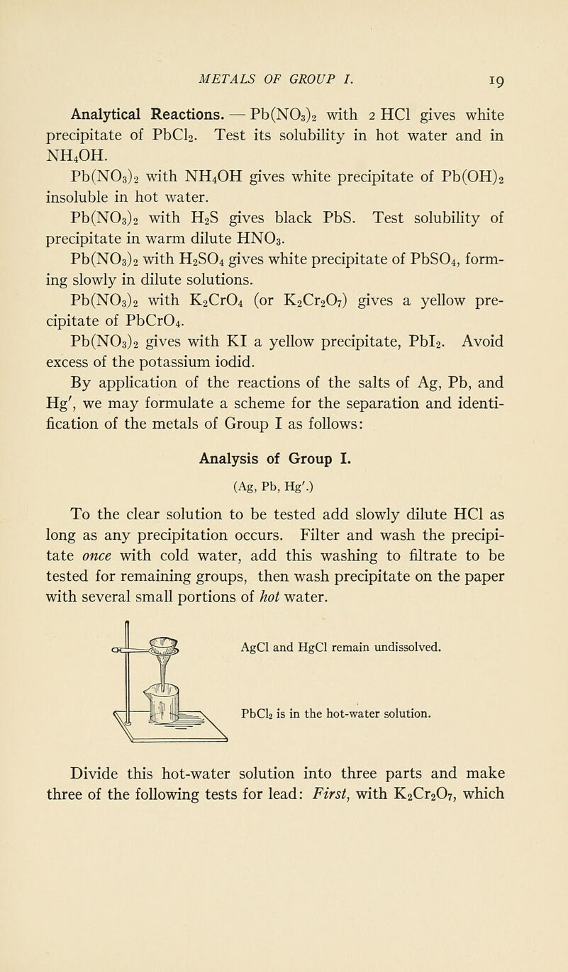 Analytical Reactions. — Pb(N03)2 with 2 HCl gives white precipitate of PbCl2. Test its solubility in hot water and in NH4OH. Pb(N03)2 with NH4OH gives white precipitate of Pb(0H)2 insoluble in hot water. Pb(N03)2 with H2S gives black PbS. Test solubihty of precipitate in warm dilute HNO3. Pb(N03)2 with H2SO4 gives white precipitate of PbS04, form- ing slowly in dilute solutions. Pb(N03)2 with K2Cr04 (or K2Cr207) gives a yellow pre- cipitate of PbCr04. Pb(N03)2 gives with KI a yellow precipitate, Pbl2. Avoid excess of the potassium iodid. By application of the reactions of the salts of Ag, Pb, and Hg', we may formulate a scheme for the separation and identi- fication of the metals of Group I as follows: Analysis of Group I. (Ag, Pb, Hg'.) To the clear solution to be tested add slowly dilute HCl as long as any precipitation occurs. Filter and wash the precipi- tate once with cold water, add this washing to filtrate to be tested for remaining groups, then wash precipitate on the paper with several small portions of hot water. AgCl and HgCl remain undissolved. PbCl2 is in the hot-water solution. Divide this hot-water solution into three parts and make three of the following tests for lead: First, with K2Cr207, which
