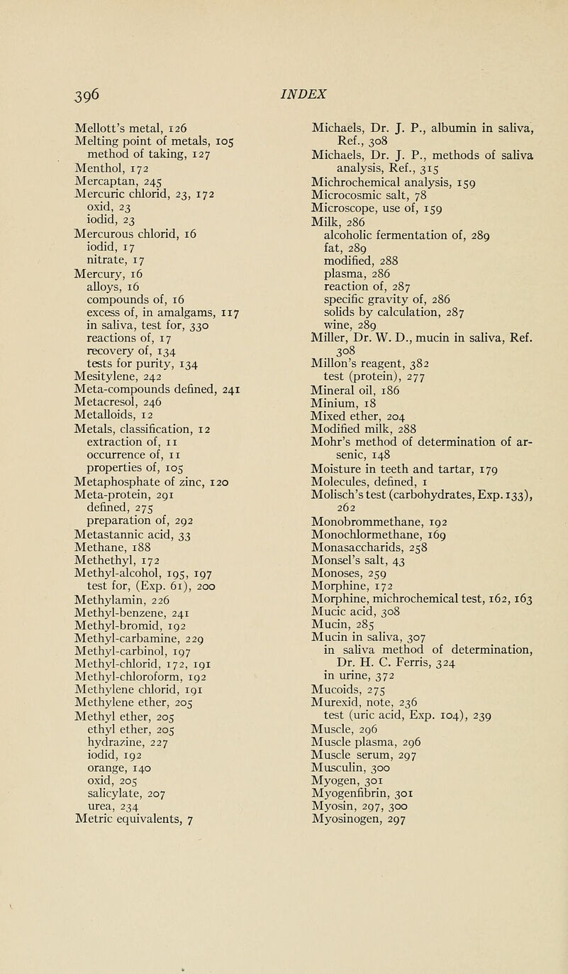 Mellott's metal, 126 Melting point of metals, 105 method of taking, 127 Menthol, 172 Mercaptan, 245 Mercuric chlorid, 23, 172 oxid, 23 iodid, 23 Mercurous chlorid, 16 iodid, 17 nitrate, 17 Mercury, 16 alloys, 16 compounds of, 16 excess of, in amalgams, 117 in saliva, test for, 330 reactions of, 17 recovery of, 134 tests for purity, 134 Mesitylene, 242 Meta-compounds defined, 241 Metacresol, 246 Metalloids, 12 Metals, classification, 12 extraction of, 11 occurrence of, 11 properties of, 105 Metaphosphate of zinc, 120 Meta-protein, 291 defined, 275 preparation of, 292 Metastannic acid, 2,?) Methane, 188 Methethyl, 172 Methyl-alcohol, 195, 197 test for, (Exp. 61), 200 Methylamin, 226 Methyl-benzene, 241 Methyl-bromid, 192 Methyl-carbamine, 229 Methyl-carbinol, 197 Methyl-chlorid, 172, 191 Methyl-chloroform, 192 Methylene chlorid, 191 Methylene ether, 205 Methyl ether, 205 ethyl ether, 205 hydrazine, 227 iodid, 192 orange, 140 oxid, 205 salicylate, 207 urea, 234 Metric equivalents, 7 Michaels, Dr. J. P., albumin in saliva, Ref., 308 Michaels, Dr. J. P., methods of saliva analysis, Ref., 315 Michrochemical analysis, 159 Microcosmic salt, 78 Microscope, use of, 159 Milk, 286 alcoholic fermentation of, 289 fat, 289 modified, 288 plasma, 286 reaction of, 287 specific gravity of, 286 solids by calculation, 287 wine, 289 Miller, Dr. W. D., mucin in saliva, Ref. 308 Millon's reagent, 382 test (protein), 277 Mineral oil, 186 Minium, 18 Mixed ether, 204 Modified milk, 288 Mohr's method of determination of ar- senic, 148 Moisture in teeth and tartar, 179 Molecules, defined, i Molisch's test (carbohydrates, Exp. 133), 262 Monobrommethane, 192 Monochlormethane, 169 Monasaccharids, 258 Monsel's salt, 43 Monoses, 259 Morphine, 172 Morphine, michrochemical test, 162,163 Mucic acid, 308 Mucin, 285 Mucin in saliva, 307 in saUva method of determination, Dr. H. C. Ferris, 324 in mine, 372 Mucoids, 275 Murexid, note, 236 test (uric acid, Exp. 104), 239 Muscle, 296 Muscle plasma, 296 Muscle serum, 297 Musculin, 300 Myogen, 301 Myogenfibrin, 301 Myosin, 297, 300 Myosinogen, 297