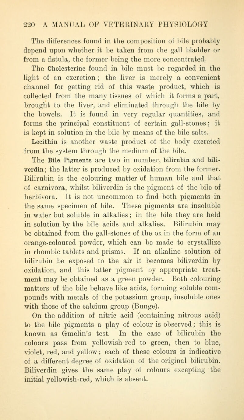 The differences found in the composition of liile probal)ly depend upon whether it ))e taken from the gall bladder or from a fistula, the former l)eing the more concentrated. The Cholesterine found in hile must l)e regarded in the light of an excretion ; the liver is merely a convenient channel for getting rid of this waste product, which is collected from the many tissues of which it forms a part, brought to the liver, and eliminated through the bile by the bowels. It is found in very regular quantities, and forms the principal constituent of certain gall-stones; it is kept in solution in the bile by means of the bile salts. Lecithin is another waste product of the l)ody excreted from the system through the medium of the bile. The Bile Pigments are two in number, bilirubin and bili- verdin; the latter is produced l)y oxidation from the former. Bilirubin is the colouring matter of human bile and that of carnivora, whilst biliverdin is the pigment of the bile of herbivora. It is not uncommon to find both pigments in the same specimen of bile. These pigments are insoluble in water but soluble in alkalies; in the bile they are held in solution by the bile acids and alkalies. Bilirubin may be obtained from the gall-stones of the ox in the form of an orange-coloured powder, which can be made to crystallize in rhomlnc tablets and prisms. If an alkaline solution of bilirubin be exposed to the air it becomes biliverdin by oxidation, and this latter pigment by appropriate treat- ment may be obtained as a green powder. Both colouring matters of the bile l)ehave like acids, forming soluble com- pounds with metals of the potassium group, insoluble ones with those of the calcium group (Bunge). On the addition of nitric acid (containing nitrous acid) to the bile pigments a play of colour is observed; this is known as Gmelin's test. In the case of bilirubin the colours pass from yellowish-red to green, then to blue, violet, red, and yellow; each of these colours is indicative of a different degree of oxidation of the original bilirubin. Biliverdin gives the same play of colours excepting the initial yellowish-red, which is absent.