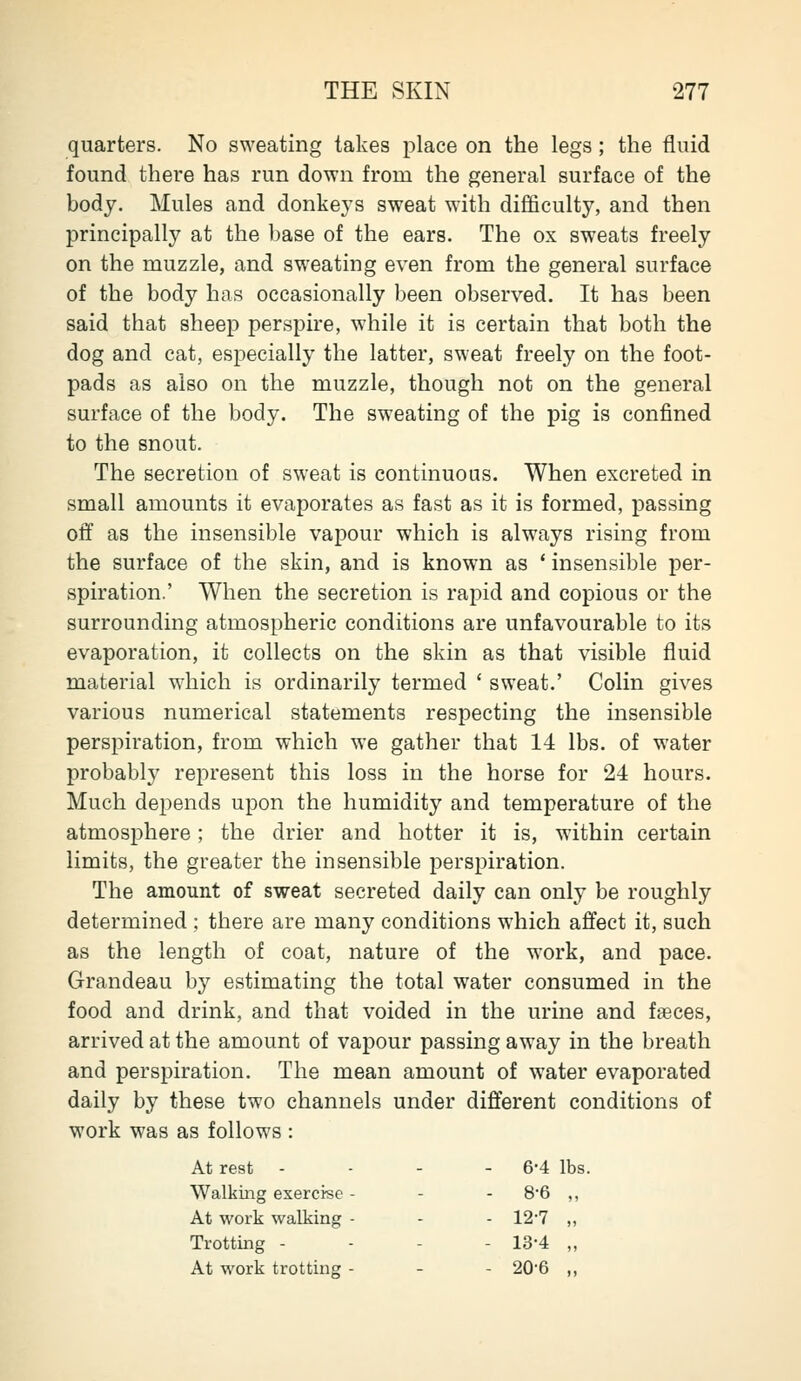 quarters. No sweating takes place on the legs; the fluid found there has run down from the general surface of the body. Mules and donkeys sweat with difficulty, and then principally at the base of the ears. The ox sweats freely on the muzzle, and sweating even from the general surface of the body has occasionally been observed. It has been said that sheep perspire, while it is certain that both the dog and cat, especially the latter, sweat freely on the foot- pads as also on the muzzle, though not on the general surface of the body. The sweating of the pig is confined to the snout. The secretion of sweat is continuous. When excreted in small amounts it evaporates as fast as it is formed, passing off as the insensible vapour which is always rising from the surface of the skin, and is known as ' insensible per- spiration.' When the secretion is rapid and copious or the surrounding atmospheric conditions are unfavourable to its evaporation, it collects on the skin as that visible fluid material which is ordinarily termed ' sweat.' Colin gives various numerical statements respecting the insensible perspiration, from which we gather that 14 lbs. of water probably represent this loss in the horse for 24 hours. Much depends upon the humidity and temperature of the atmosphere; the drier and hotter it is, within certain limits, the greater the insensible perspiration. The amount of sweat secreted daily can only be roughly determined ; there are many conditions which affect it, such as the length of coat, nature of the work, and pace. Grandeau by estimating the total water consumed in the food and drink, and that voided in the urine and faeces, arrived at the amount of vapour passing away in the breath and perspiration. The mean amount of water evaporated daily by these two channels under different conditions of work was as follows : At rest - 6-4 lbs, Walking exercise - - 8-6 „ At work walking - - 12-7 „ Trotting - - 13-4 „ At work trotting - - 20-6 „