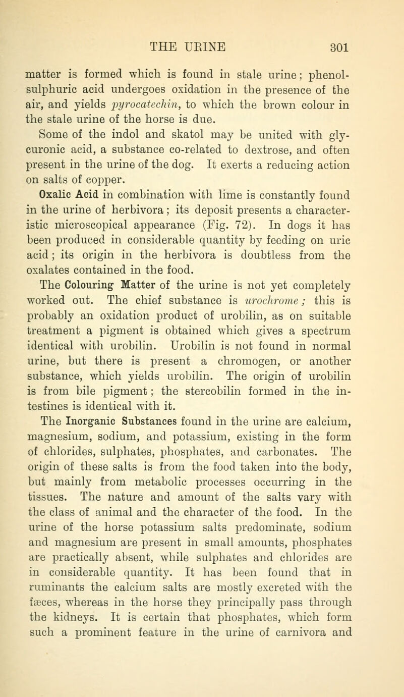 matter is formed which is found in stale urine; phenol- sulphuric acid undergoes oxidation in the presence of the air, and yields pyrocatcchin, to which the brown colour in the stale urine of the horse is due. Some of the indol and skatol may be united with gly- curonic acid, a substance co-related to dextrose, and often present in the urine of the dog. It exerts a reducing action on salts of copper. Oxalic Acid in combination with lime is constantly found in the urine of herbivora ; its deposit presents a character- istic microscopical appearance (Fig. 72). In dogs it has been produced in considerable quantity by feeding on uric acid; its origin in the herbivora is doubtless from the oxalates contained in the food. The Colouring Matter of the urine is not yet completely worked out. The chief substance is urochrome; this is probably an oxidation product of urobilin, as on suitable treatment a pigment is obtained which gives a spectrum identical with urobilin. Urobilin is not found in normal urine, but there is present a chromogen, or another substance, which yields urobilin. The origin of urobilin is from bile pigment; the stercobilin formed in the in- testines is identical with it. The Inorganic Substances found in the urine are calcium, magnesium, sodium, and potassium, existing in the form of chlorides, sulphates, phosphates, and carbonates. The origin of these salts is from the food taken into the body, but mainly from metabolic processes occurring in the tissues. The nature and amount of the salts vary with the class of animal and the character of the food. In the urine of the horse potassium salts predominate, sodium and magnesium are present in small amounts, phosphates are practically absent, while sulphates and chlorides are in considerable quantity. It has been found that in ruminants the calcium salts are mostly excreted with the fseces, whereas in the horse they principally pass through the kidneys. It is certain that phosphates, which form such a prominent feature in the urine of carnivora and