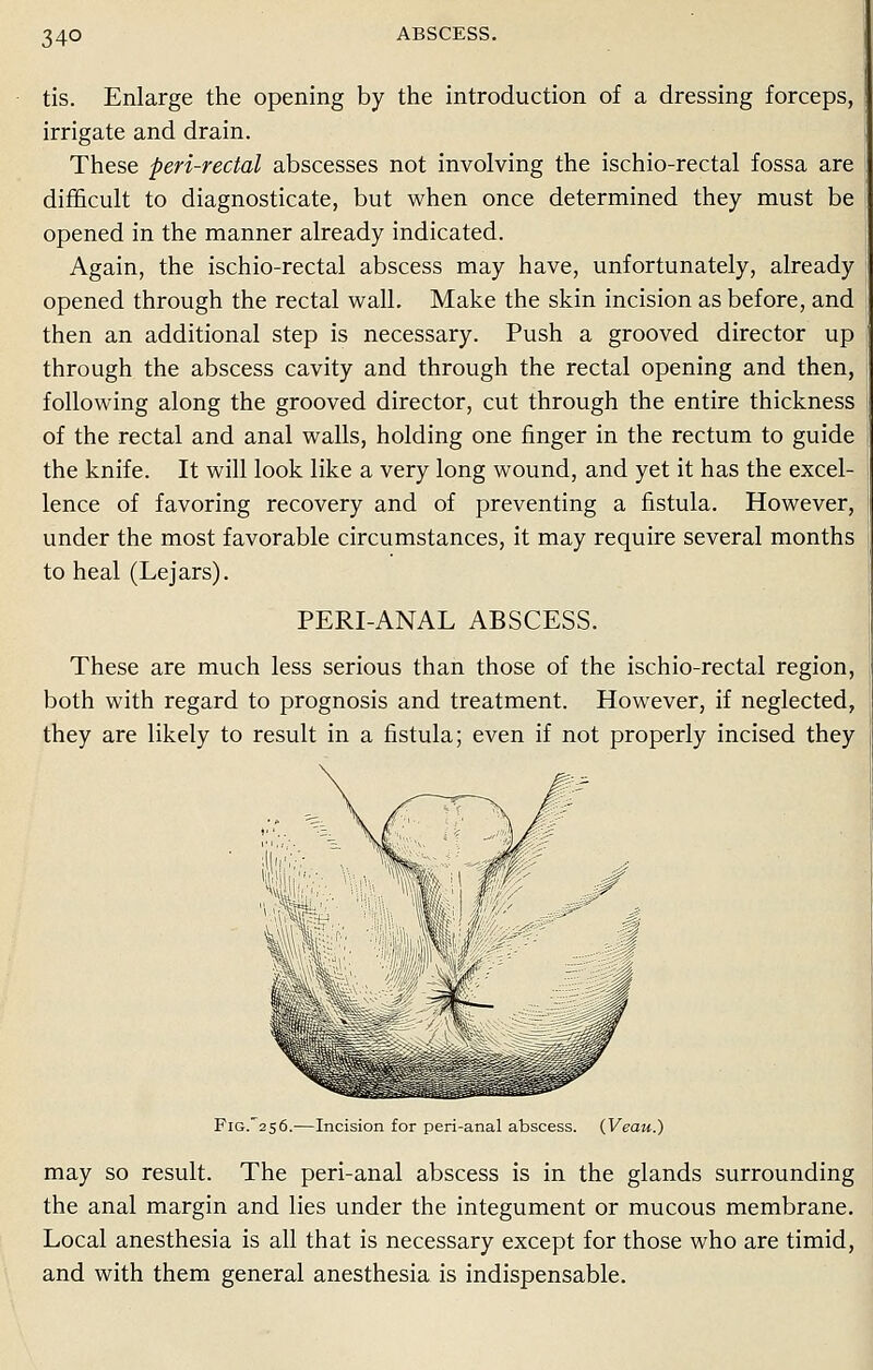 tis. Enlarge the opening by the introduction of a dressing forceps, irrigate and drain. These peri-rectal abscesses not involving the ischio-rectal fossa are difficult to diagnosticate, but when once determined they must be opened in the manner already indicated. Again, the ischio-rectal abscess may have, unfortunately, already opened through the rectal wall. Make the skin incision as before, and then an additional step is necessary. Push a grooved director up through the abscess cavity and through the rectal opening and then, following along the grooved director, cut through the entire thickness of the rectal and anal walls, holding one finger in the rectum to guide the knife. It will look like a very long wound, and yet it has the excel- lence of favoring recovery and of preventing a fistula. However, under the most favorable circumstances, it may require several months to heal (Lejars). PERI-ANAL ABSCESS. These are much less serious than those of the ischio-rectal region, both with regard to prognosis and treatment. However, if neglected, they are likely to result in a fistula; even if not properly incised they Fig.256.—Incision for peri-anal abscess. {Veau.) may so result. The peri-anal abscess is in the glands surrounding the anal margin and lies under the integument or mucous membrane. Local anesthesia is all that is necessary except for those who are timid, and with them general anesthesia is indispensable.