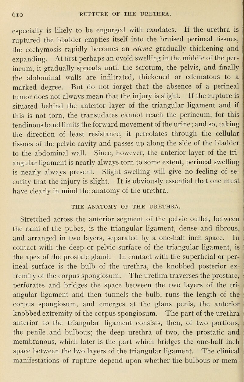 especially is likely to be engorged with exudates. If the urethra is ruptured the bladder empties itself into the bruised perineal tissues, the ecchymosis rapidly becomes an edema gradually thickening and expanding. At first perhaps an ovoid swelling in the middle of the per- ineum, it gradually spreads until the scrotum, the pelvis, and finally the abdominal walls are infiltrated, thickened or edematous to a marked degree. But do not forget that the absence of a perineal tumor does not always mean that the injury is slight. If the rupture is situated behind the anterior layer of the triangular ligament and if this is not torn, the transudates cannot reach the perineum, for this tendinous band limits the forward movement of the urine; and so, taking the direction of least resistance, it percolates through the cellular tissues of the pelvic cavity and passes up along the side of the bladder to the abdominal wall. Since, however, the anterior layer of the tri- angular ligament is nearly always torn to some extent, perineal swelling is nearly always present. Slight swelling will give no feeling of se- curity that the injury is slight. It is obviously essential that one must have clearly in mind the anatomy of the urethra. THE ANATOMY OF THE URETHRA. Stretched across the anterior segment of the pelvic outlet, between the rami of the pubes, is the triangular ligament, dense and fibrous, and arranged in two layers, separated by a one-half inch space. In contact with the deep or pelvic surface of the triangular ligament, is the apex of the prostate gland. In contact with the superficial or per- ineal surface is the bulb of the urethra, the knobbed posterior ex- tremity of the corpus spongiosum. The urethra traverses the prostate, perforates and bridges the space between the two layers of the tri- angular ligament and then tunnels the bulb, runs the length of the corpus spongiosum, and emerges at the glans penis, the anterior knobbed extremity of the corpus spongiosum. The part of the urethra anterior to the triangular ligament consists, then, of two portions, the penile and bulbous; the deep urethra of two, the prostatic and membranous, which later is the part which bridges the one-half inch space between the lwo layers of the triangular ligament. The clinical manifestations of rupture depend upon whether the bulbous or mem-