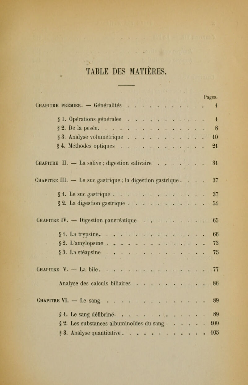 TABLE DES MATIERES. Chapitre premier. — Généralités . 1 § 1. Opérations générales 1 § 2. De la pesée 8 § 3. Analyse volumétrique 10 § 4. Méthodes optiques 21 Chapitre II. — La salive ; digestion salivaire ....... 31 Chapitre NI. — Le suc gastrique : la digestion gastrique . ... 37 § 1. Le suc gastrique 37 § 2. La digestion gastrique 54 Chapitre IV. — Digestion pancréatique . 63 § 1. La trypsine. 66 § 2. L'amylopsine 73 § 3. La stéapsine 75 Chapitre V. — La bile 77 Analyse des calculs biliaires . 86 Chapitre VI. — Le sang 89 SI. Le sang défibriné 89 § 2. Les substances album i no ides du sang 100 § 3. Analyse quantitative 105