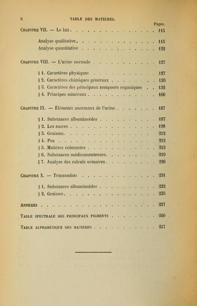 Pages. Chapitre VII. — Le lait 115 Analyse qualitative 115 Analyse quantitative 122 Chapitre VIII. — L'urine normale 127 S1. Caractères physiques 127 § 2. Caractères chimiques généraux 130 § 3. Caractères des principaux composés organiques . . 132 § 4. Principes minéraux 166 Chapitre IX. — Éléments anormaux de l'urine 187 § 1. Substances albuminoïdes 187 § 2. Les sucres 198 §3. Graisses 212 §4. Pus 212 § 5. Matières colorantes 213 § 6. Substances médicamenteuses 219 § 7. Analyse des calculs urinaires 226 Chapitre X. — Transsudats 231 § 1. Substances albuminoïdes 232 § 2. Graisses 235 Annexes 237 Tarle spectrale des principaux pigments 246 Tari.e alpharétique des matières 247