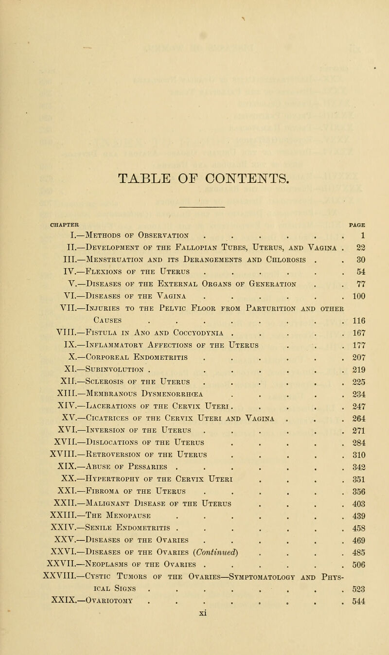 TABLE OF CONTEJ^TS. CHAPTER PAGE I.—Methods of Observation ...... 1 II.—Development op the Fallopian Tubes, Uterus, and Vagina . 22 III.—Menstruation and its Derangements and Chlorosis . . 30 IV.—Flexions of the Uterus . . . . . .54 V.—Diseases of the External Organs of Generation . . 77 VI.—Diseases of the Vagina ...... 100 VII.—Injuries to the Pelvic Floor from Parturition and other Causes ........ 116 VIII.—Fistula in Ano and Coccyodynia ..... 167 IX.—Inflammatory Affections of the Uterus . . . 177 X.—Corporeal Endometritis ...... 207 XI.—Subinvolution . ...... 219 XII.—Sclerosis of the Uterus ...... 225 XIII.—Membranous Dysmenorrhcea ..... 234 XIV.—Lacerations of the Cervix Uteri ..... 247 XV.—Cicatrices of the Cervix Uteri and Vagina . . . 264 XVI.—Inversion of the Uterus ...... 271 XVII.—Dislocations op the Uterus ..... 284 XVIII.—Retroversion of the Uterus ..... 310 XIX.—Abuse of Pessaries ....... 342 XX.—Hypertrophy of the Cervix Uteri .... 351 XXI.—Fibroma of the Uterus ...... 856 XXII.—Malignant Disease of the Uterus .... 403 XXIII.—The Menopause . . . . . . .439 XXIV.—Senile Endometritis ....... 458 XXV.—Diseases of the Ovaries ...... 469 XXVI.—Diseases of the Ovaries (Continued) .... 485 XXVII.—Neoplasms of the Ovaries ...... 506 XXVIII.—Cystic Tumors of the Ovaries—Symptomatology and Phys- ical Signs . . . . , . . . 523 XXIX.—Ovariotomy ........ 544