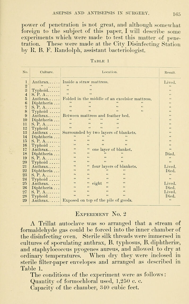 power of penetration is not great, and although somewhat foreign to the subject of this paper, I will describe some experiments which were made to test this matter of pene- tration. These were made at the City Disinfecting Station by R. B. F. Randolph, assistant bacteriologist. Table 1 No. Culture. 1 Anthrax...:.. 2  3 4 Typhoid S. P. A 5 Anthrax 6 7 Diphtheria . .. S. P. A 8 9 Typhoid Anthrax 10 11 Diphtheria ... S. P. A 13 13 Typhoid Anthrax 14 15 Diphtheria . . . S. P. A 16 17 Typhoid .... Anthrax 18 19 Diphtheria ... S. P. A 20 21 Typhoid Anthrax 22 23 Diphtheria ... S. P. A 24 25 Typhoid Anthrax 26 27 Diphtheria .. . S. P. A 28 29 Typhoid Anthrax Location. Inside a straw mattress. Folded in the middle of an excelsior mattress. Between mattress and feather bed. Surrounded by two layers of blankets. ' one layer of blanket. ' four layers of blankets. eight  Exposed on top of the pile of goods. Result. Lived. Died. Lived. Died. Lived. Died. Lived. Died. Experiment No. 2 A Trillat autoclave was so arranged that a stream of formaldehyde gas could be forced into the inner chamber of the disinfecting oven. Sterile silk threads were immersed in cultures of sporulating anthrax, B. typhosus, B. diphtherise, and staphylococcus pyogenes aureus, and allowed to dry at ordinary temperatures. When dry they were inclosed in sterile filter-paper envelopes and arranged as described in Table 1. The conditions of the experiment were as follows: Quantity of formochloral used, 1,250 c. c. Capacity of the chamber, 340 cubic feet.