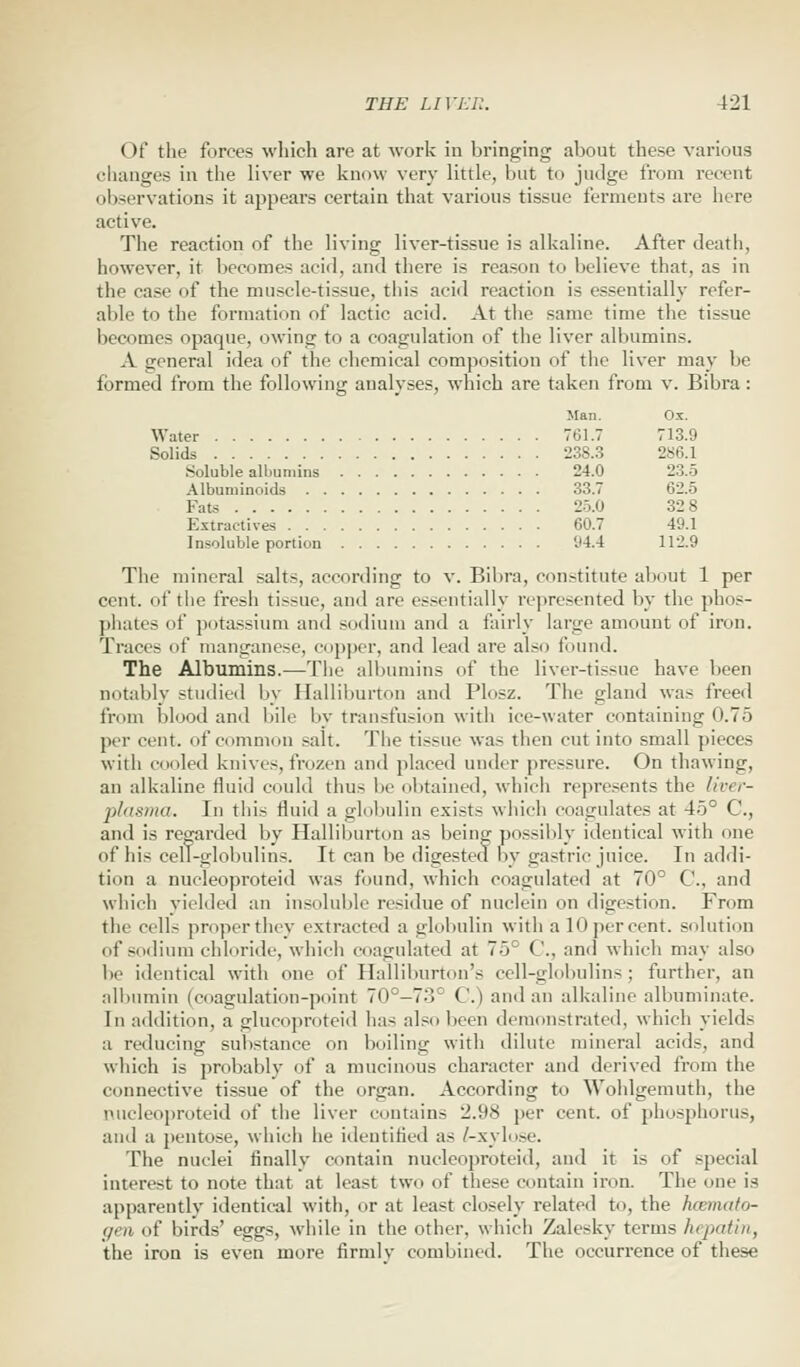 Of the forces which are at work in bringing about these various changes in the liver we know very little, but to judge from recent observations it appears certain that various tissue ferments are here active. The reaction of the living liver-tissue is alkaline. After death, however, it becomes acid, and there is reason to believe that, as in the case of the muscle-tissue, this acid reaction is essentially refer- able to the formation of lactic acid. At the same time the tissue becomes opaque, owing to a coagulation of the liver albumins. A general idea of the chemical composition of the liver may be formed from the following analyses, which are taken from v. Bibra: Man. Ox. Water 761.7 713.9 Solids 238.3 2S6.1 Soluble albumins 24.0 23.5 Albuminoids 33.7 62.5 Fats 25.0 32 S Extractives 60.7 49.1 Insoluble portion '.'4.4 112.9 The mineral salts, according to v. Bibra, constitute about 1 per cent, (if the fresh tissue, and arc essentially represented by the phos- phates of potassium and sodium and a fairly large amount of iron. Traces of manganese, copper, and lead are also found. The Albumins.—The albumins of the liver-tissue have been notably studied by Halliburton and Plosz. The gland was freed from blood and bile by transfusion with ice-water containing 0.75 per cent, of common salt. The tissue was then cut into small pieces with cooled knives, frozen and placed under pressure. On thawing, an alkaline fluid could thus lie obtained, which represents the liver- plasma. In this fluid a globulin exists which coagulates at 45° O, and is regarded by Halliburton as being possibly identical with one of his cell-globulins. It can be digested by gastric juice. In addi- tion a nucleoproteid was found, which coagulated at 70° O, and which yielded an insoluble residue of nuclein on digestion. From the cells proper they extracted a globulin with alOpercent. solution of sodium chloride, which coagulated at 75° O, and which may also be identical with one of Halliburton's cell-globulins; further, an albumin (coagulation-point 70°—73° C.) and an alkaline albuminate. In addition, a srlucoproteid has also been demonstrated, which yields a reducing substance on boiling with dilute mineral acids, and which is probably of a mucinous character and derived from the connective tissue of the organ. According to Wohlgemuth, the nucleoproteid of the liver contains 2.98 per cent, of phosphorus, and a pentose, which he identified as ^xylose. The nuclei finallv contain nucleoproteid, and it is of special interest to note that at least two of these contain iron. The one is apparently identical with, or at least closely related to, the hcemato- qen of birds' eggs, while in the other, which Zalesky terms hepatin, the iron is even more firmlv combined. The occurrence of these
