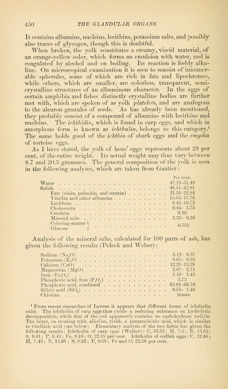 It contains albumins, nucleins, lecithins, potassium salts, and possibly also traces of glycogen, though this is doubtful. When broken, the yolk constitutes a creamy, viscid material, of an orange-yellow color, which forms an emulsion with water, and is coagulated by alcohol and on boiling. Its reaction is feebly alka- line. On microscopical examination it is seen to consist of innumer- able spherules, some of which are rich in fats and lipochromes, while others, which are smaller, are colorless, transparent, semi- crystalline structures of an albuminous character. In the eggs of certain amphibia and fishes distinctly crystalline bodies are further met with, which are spoken of as yolk platelets, and are analogous to the aleuron granules of seeds. As has already been mentioned, they probably consist of a compound of albumins with lecithins and nucleins. The ichthidin, which is found in carp eggs, and which in amorphous form is known as ichthulin, belongs to this category.1 The same holds good of the iehthin of shark eggs and the emydin of tortoise eggs. As I have stated, the yolk of hens' eggs represents about 29 per cent, of the entire weight. Its actual weight may thus vary bet ween 8.7 and 20.3 grammes. The general composition of the yolk is seen in the following analyses, which are taken from Gautier: Per cent. Water 47.19-51.49 Solids ._ 48.51-42.8] Fats (olein, palmitin, and stearin) 21.30-22.84 Vitellin and other albumins 15.fi3-15.76 Lecithins 843-10.72 Cholesterin 0.44- 1.75 Cerebrin 0.30 Mineral salts 3.33- 0.36 Coloring-matter) 0 553 Glucose J Analysis of the mineral salts, calculated for 100 parts of ash, has given the following results (Poleck and Weber) : Sodium (Na,0) 5.12- 6.57 Potassium (KsO) 8.05- 8.93 Calcium (CaO) 12.21-13.28 Magnesium (MgO) 2.07- 2.11 Iron (Fe203) U9~ L45 Phosphoric acid, free (P205) 5.72 Phosphoric acid, combined 63.81-66.70 Silicic acid (SiOa) 0.55- 1.40 Chlorine traces 1 From recent researches of Levene it appears that different forms of ichthulin exist. The ichthulin of carp eggs thus yields a reducing substance on hvdrolvtic decomposition, while that of the cod apparently contains no carbohydrate radicle. The latter, on treating with alkalies, yields a paranucleinic acid, which is similar to vitellinic acid (see below). Elementary analysis of the two forms has given the following results: Ichthulin of carp eggs (Walter): C, 53.52; H, 7.6; N, 15.63; S, 0.41; P. 0.43 ; Fe, 0.10 ; O, 22.19 per cent. Ichthulin of codfish eggs ; C, 52.44 ; H, 7.45; N, 15.96 ; S, 0.92 ; P, 0.65 ; Fe and O, 22.58 per cent.