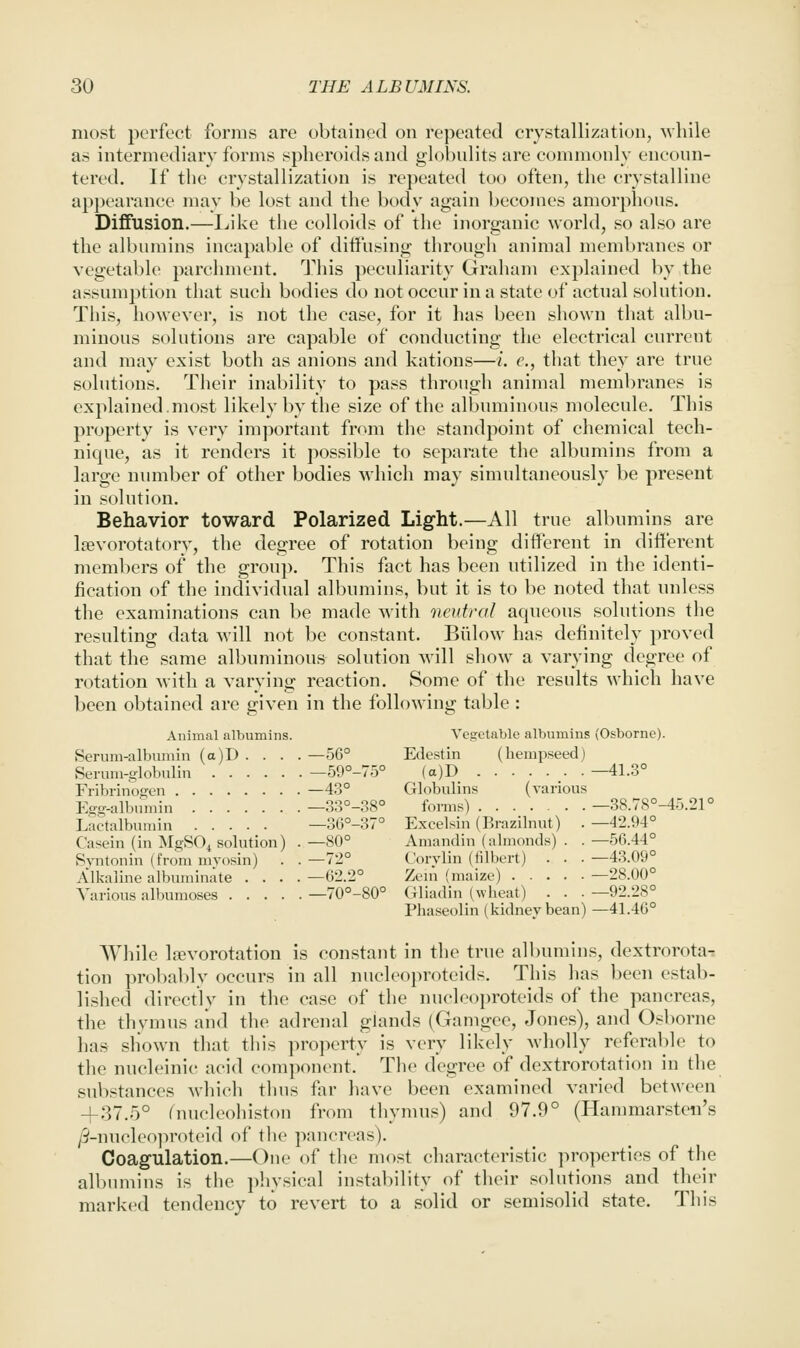 most perfect forms are obtained on repeated crystallization, ^vliile as intermediary forms spheroids and globnlits are commonly encoun- tered. If the crystallization is repeated too often, the crystalline appearance niav be lost and the body again becomes amorphous. Diffusion.—Like the colloids of the inorganic world, so also are the albumins incapable of ditfusing through animal membranes or vegetable parchment. This peculiarity Graham explained by the assumption that such bodies do not occur in a state of actual solution. This, however, is not the case, for it has been shown that albu- minous solutions are capable of conducting the electrical current and may exist both as anions and kations—/. c, that they are true solutions. Their inability to pass through animal membranes is explained.most likely by the size of the allMuniuous molecule. This property is very important from the standpoint of chemical tech- nique, as it renders it possible to separate the albumins from a large number of other bodies which may simultaneously be present in solution. Behavior toward Polarized Light.—All true albumins are Isevorotatory, the degree of rotation being different in different members of the group. This fact has been utilized in the identi- fication of the individual albumins, but it is to be noted that unless the examinations can be made with neutral aqueous solutions the resulting data will not be constant. Biilow has definitely proved that the same albuminous solution will show a varying degree of rotation with a varying reaction. Some of the results which have been obtained are given in the following table : Animal albumins. Vegetable albumins (Osborne). 8erum-albumin (a)D .... —56° Edestin (hempseedj Serum-globulin —59°-75° (a)D —41.3° Fribrinogen —43° Globulins (various Egg-albumin —33°-38° forms) —38.78°-45.21° Lactalbumin —36°-37° Excelsin (Brazilnut) . —42.94° Casein (in MgSO^ solution) . —80° Amandin (almonds) . . —56.44° Syntonin (from myosin) . . —72° Corylin (filbert) . • • —43.09° Alkaline albuminate . . . .—02.2° Zem (maize) —28.00° Various albumoses —70°-80° Gliadin (wheat) . . . —92.28° Phaseolin (kidney bean) —41.46° While Igevorotation is constant in the true albumins, dextrorota- tion probably occurs in all nucleoproteids. This has been estab- lished directly in the case of the nucleoproteids of the pancreas, the thymus aiid tlie adrenal glands (Gamgee, Jones), and Osborne has sliown that tliis property is very likely AvhoUy referable to the nucleinic acid component.' The degree of dextrorotation in the substances which thus far have been examined varied between -f37.5° (nuclcohiston from thymus) and 97.9° (Hammarsten's /9-nucleopr()t('id of the pancreas). Coagulation.—One of the most characteristic properties of tlie albumins is the pliysical instability of their solutions and their mark(;d tendency to revert to a solid or semisolid state. This