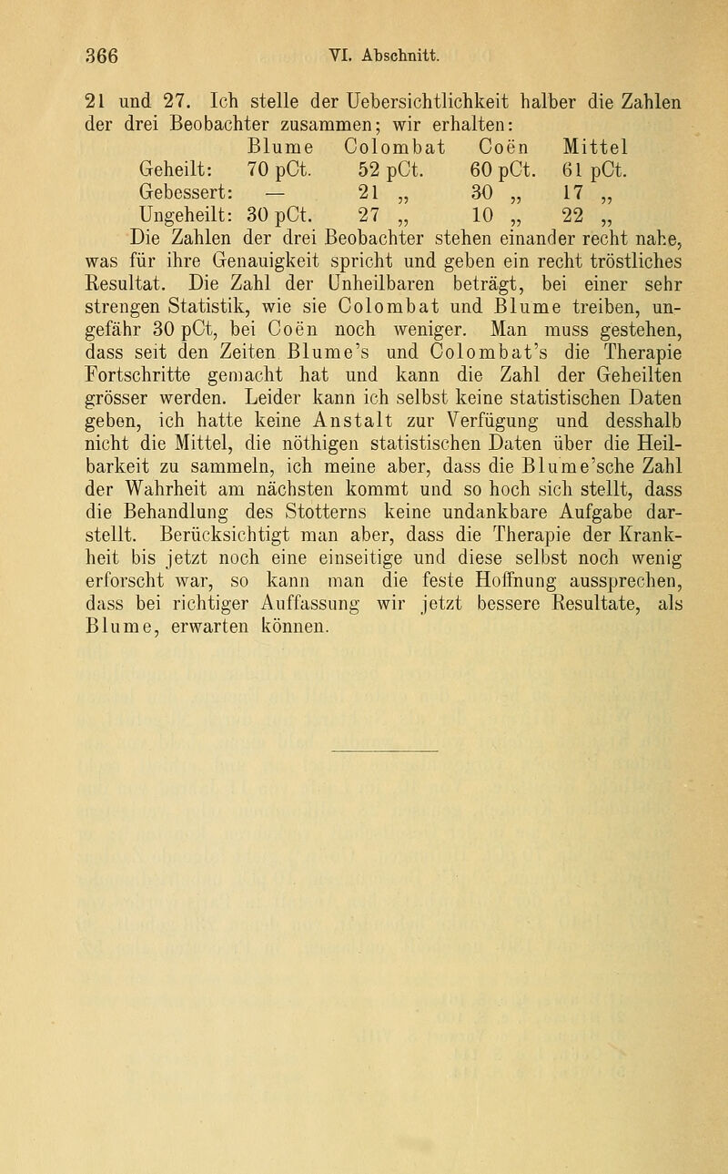 21 und 27. Ich stelle der Uebersichtlichkeit halber die Zahlen der drei Beobachter zusammen; wir erhalten: Blume Colombat Coen Mittel Geheilt: 70 pOt. 52 pCt. 60pCt. 61 pCt. Gebessert: — 21 „ SO „ 17 „ Uiigeheilt: 30 pCt. 27 „ 10 „ 22 „ Die Zahlen der drei Beobachter stehen einander recht nahe, was für ihre Genauigkeit spricht und geben ein recht tröstliches Eesultat. Die Zahl der Unheilbaren beträgt, bei einer sehr strengen Statistik, wie sie Colombat und Blume treiben, un- gefähr 30 pCt, bei Coen noch weniger. Man muss gestehen, dass seit den Zeiten Blume's und Colombat's die Therapie Fortschritte gemacht hat und kann die Zahl der Geheilten grösser werden. Leider kann ich selbst keine statistischen Daten geben, ich hatte keine Anstalt zur Verfügung und desshalb nicht die Mittel, die nöthigen statistischen Daten über die Heil- barkeit zu sammeln, ich meine aber, dass die Blume'sche Zahl der Wahrheit am nächsten kommt und so hoch sich stellt, dass die Behandlung des Stotterns keine undankbare Aufgabe dar- stellt. Berücksichtigt man aber, dass die Therapie der Krank- heit bis jetzt noch eine einseitige und diese selbst noch wenig erforscht war, so kann man die feste Hoffnung aussprechen, dass bei richtiger Auffassung wir jetzt bessere Resultate, als Blume, erwarten können.